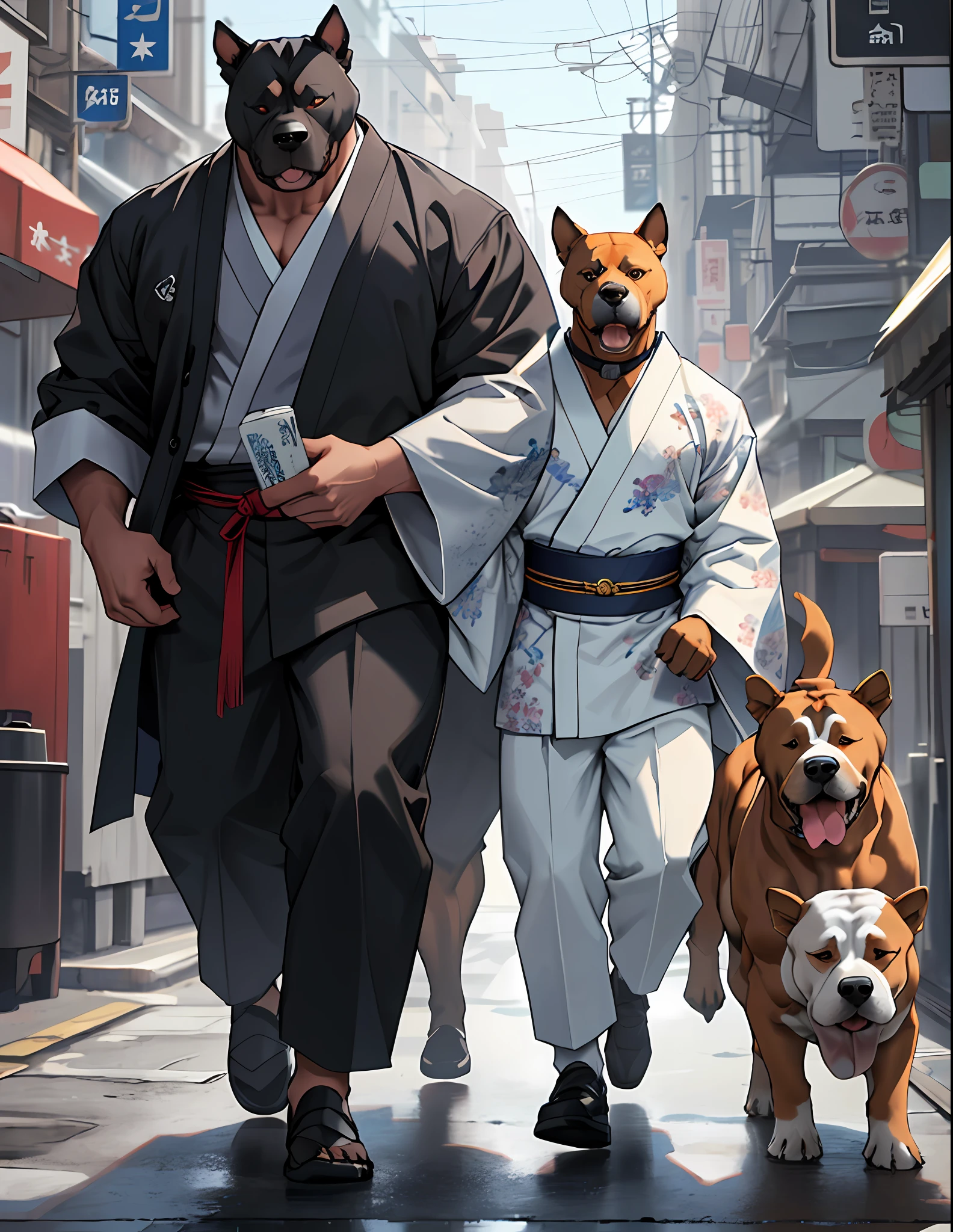 ((Bull terrier, chow chow, American bully, BulDog)) humanoid Angeldog, muscular, dressed in white kimono, walking, intricate detail, Futobot, intricate Greebles pieces, Cdade behind. 8k