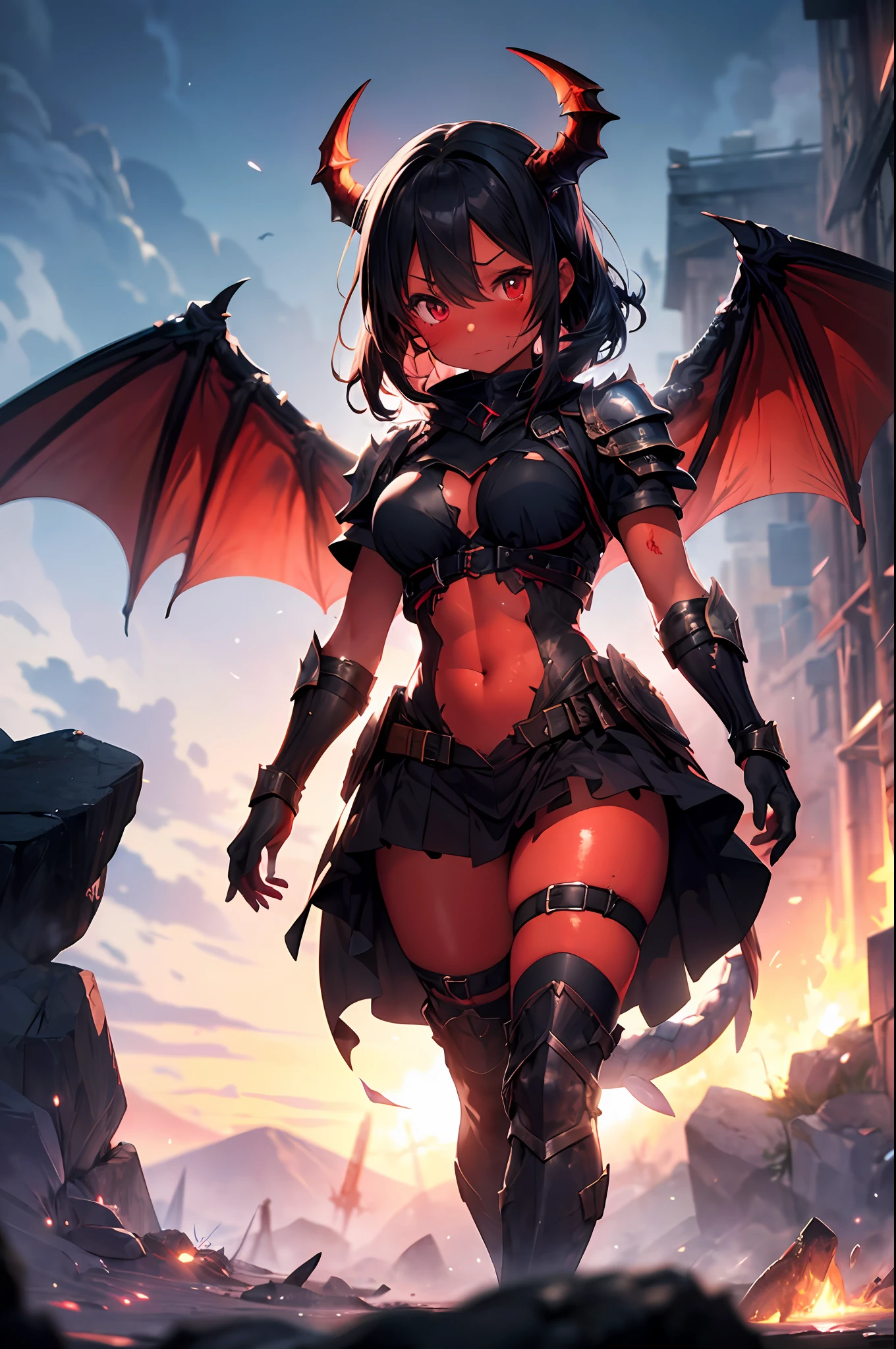 1girl, (red skin:1.4), black hair, demon horns, (ripped clothing, ripped medieval clothing), (glowing armor:1.3), medieval armor, scales, dragon scales, colored skin, red rocks, lava, magma, cracked stones, obsidian, glowing lava, volcano scenery, heat waves (depth of field, ambient lighting, blurry foreground, blurry background:1.3), atmospheric, light flares, intricate details, enhanced lighting, volumetric lighting, strong shadows, walking, sword, full body, (glowing:1.3), from below, (dragon wings)