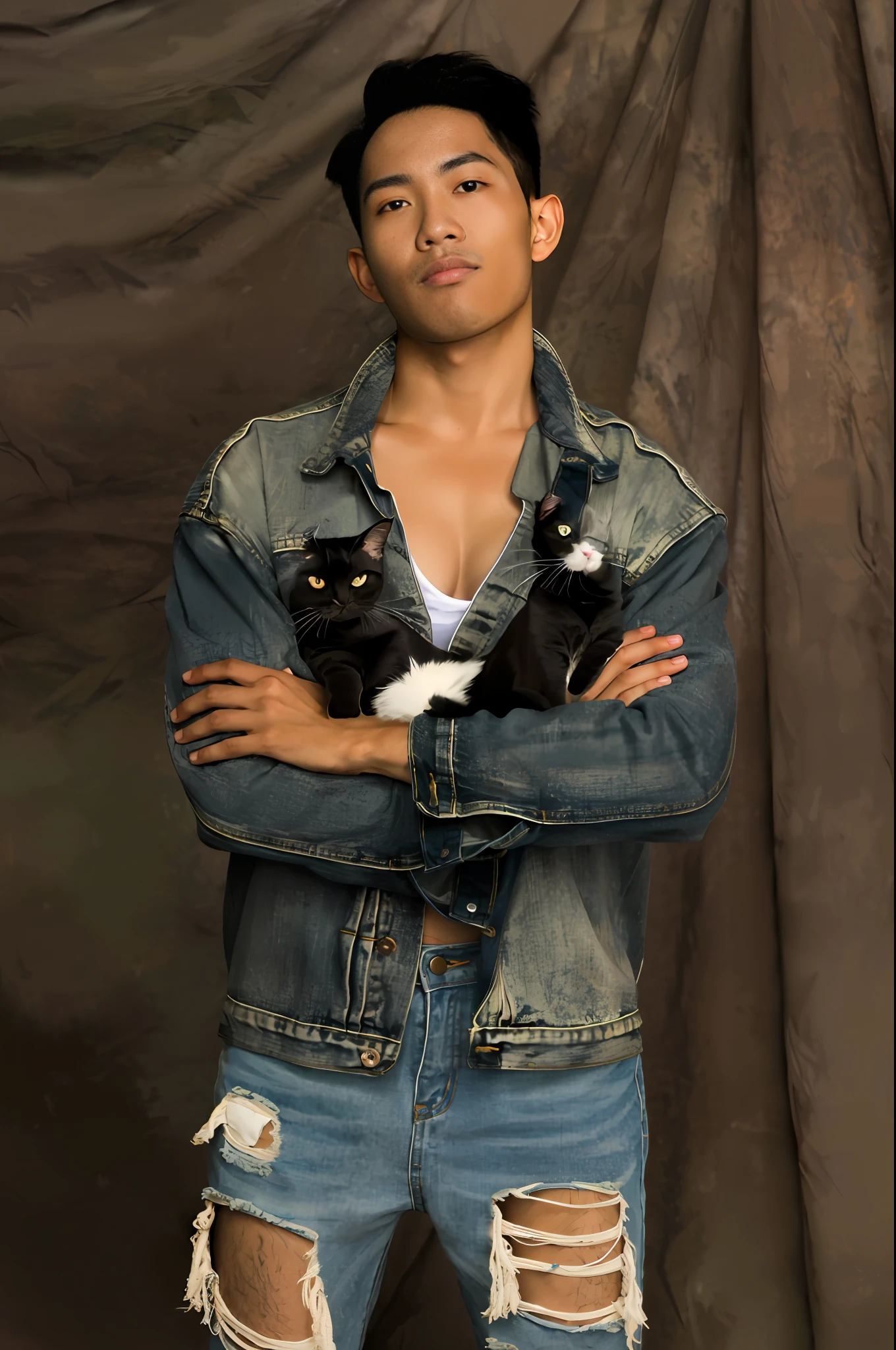 A black short-haired cat, large, full-body, big eyes, a twelve-pound big cat