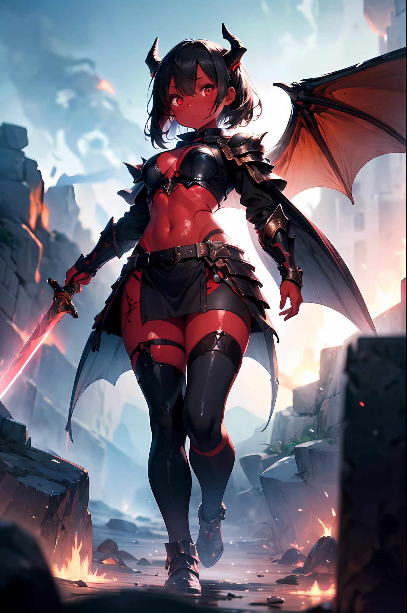 1girl, (red skin:1.4), black hair, demon horns, (ripped clothing, ripped medieval clothing), (glowing armor:1.3), medieval armor, scales, dragon scales, colored skin, red rocks, lava, magma, cracked stones, obsidian, glowing lava, volcano scenery, heat waves (depth of field, ambient lighting, blurry foreground, blurry background:1.3), atmospheric, light flares, intricate details, enhanced lighting, volumetric lighting, strong shadows, walking, sword, full body, (glowing:1.3), from below, (dragon wings)