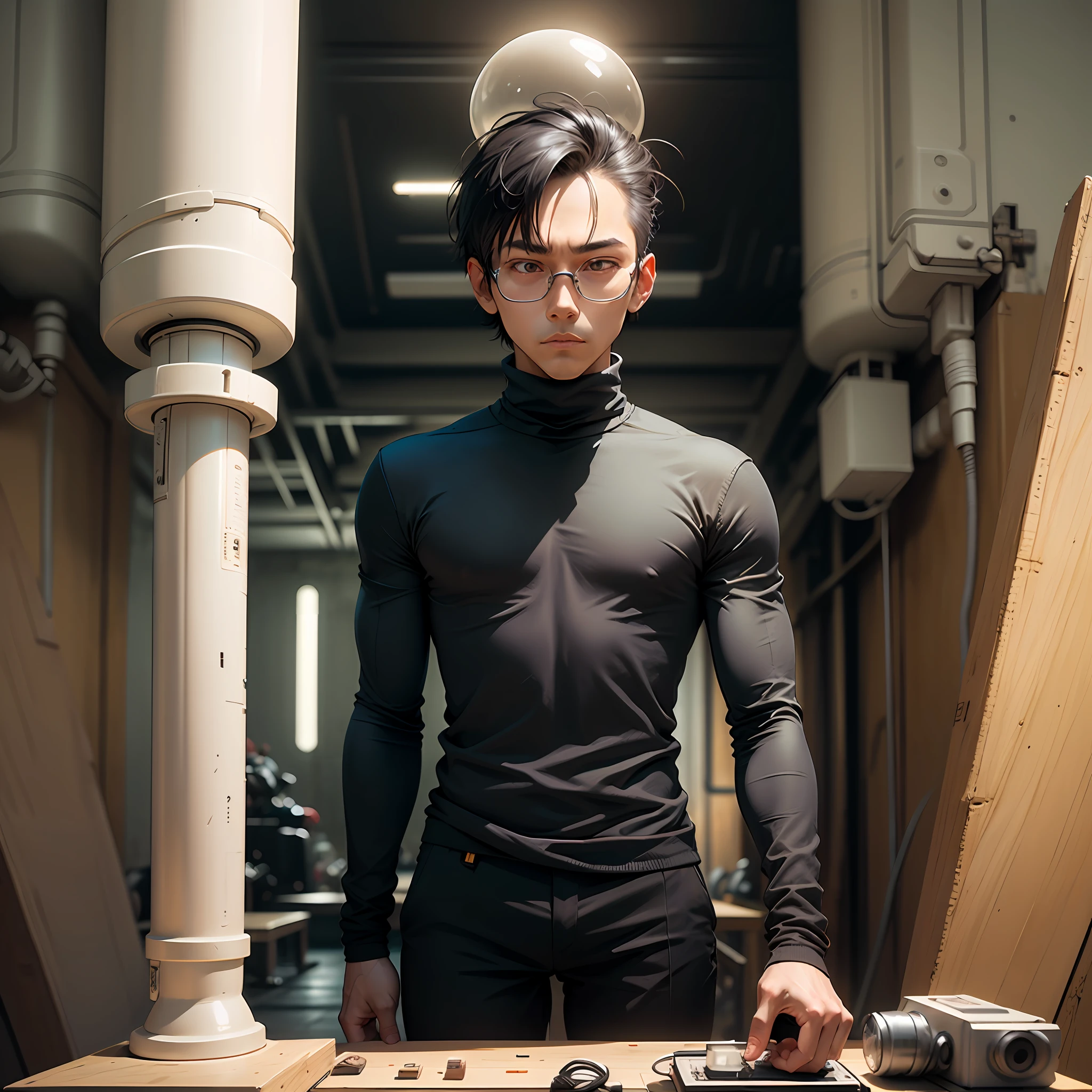 Bulb head anime character, tight turtleneck black secret service suit, filament in the bulb, minimalist cartoon style, slim man, American cartoon style, high quality, inspired by Taro Okamoto, dark! --auto