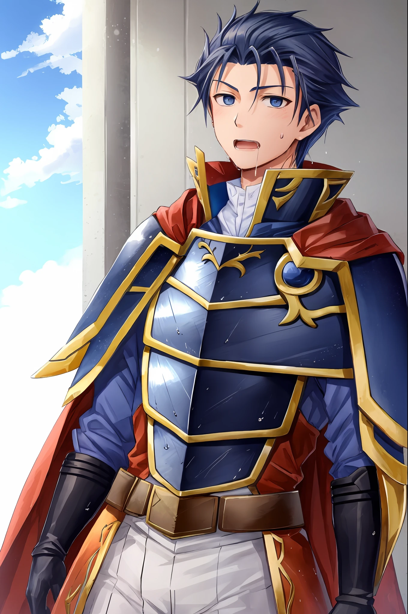 Hector Fey, Ultra High Quality CG, Solo, Looking at the Audience, Open Mouth, Sweaty, Wet, Wet, Drooling, Gloves, 1boy, Upper Body, Male Focus, Sky, Clouds, Cloak, Armor