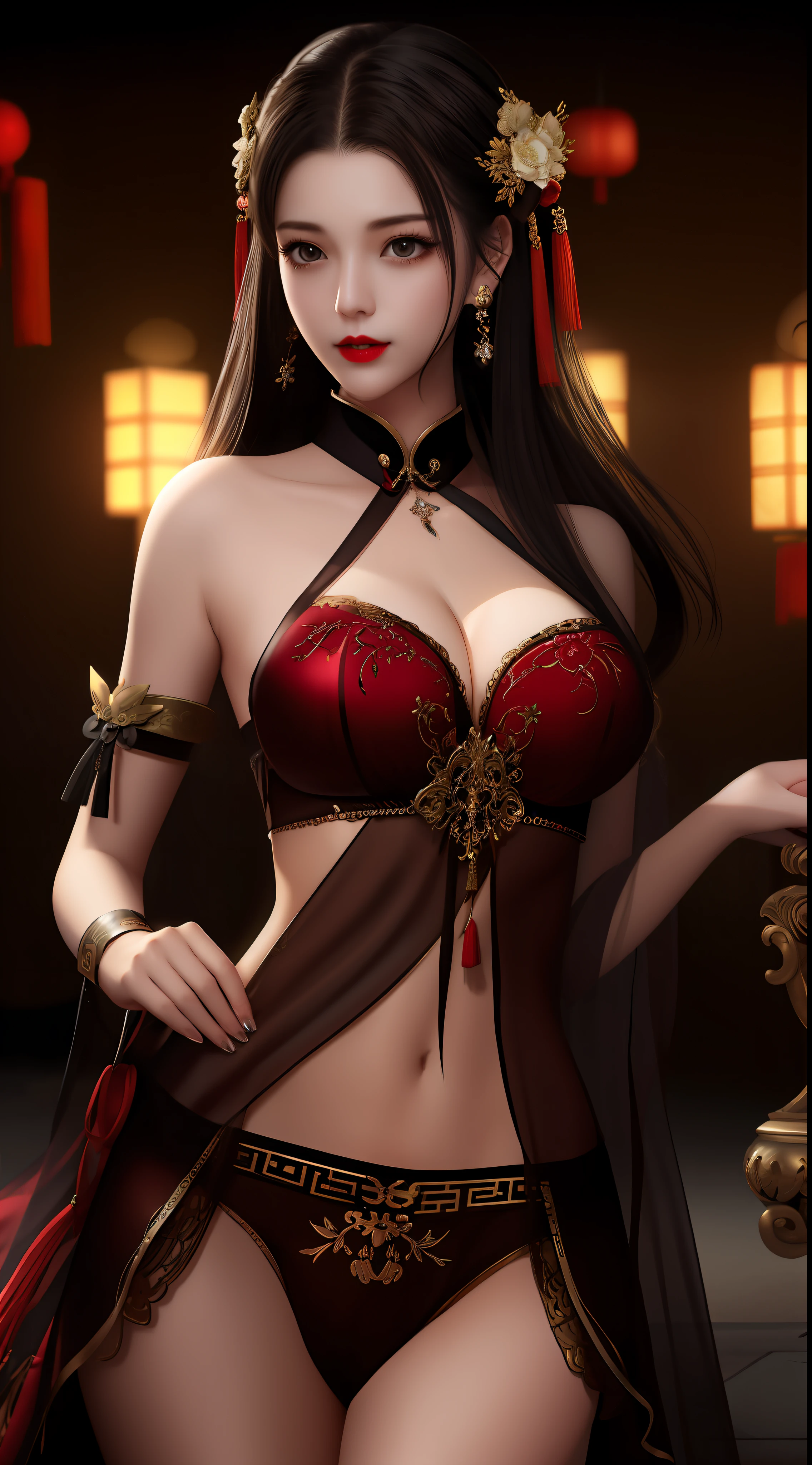 Realistic, 1 girl, see-through chinese armor soft red black, very large breasts, black hair, red lips, detailed eyes , dark backgrou,,Low light, Chinese underwear, best face, Low light landscape, sexy style, royal, Penetration , chinese underwear,bust, Dark background, Detailed face, taken from the belly up,See-through fabric, chest piercing