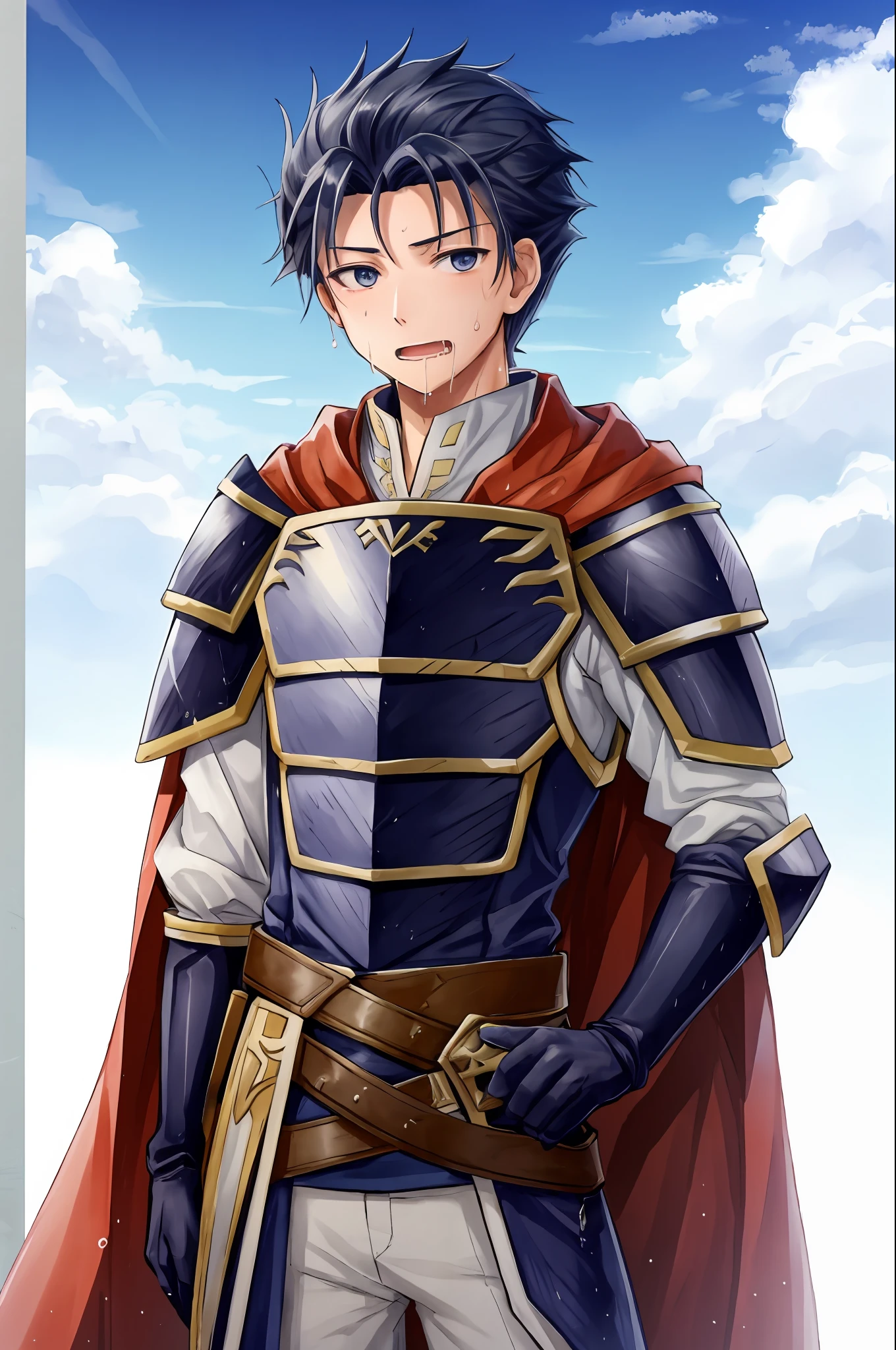 Hector Fey, Ultra High Quality CG, Solo, Looking at the Audience, Open Mouth, Sweaty, Wet, Wet, Drooling, Gloves, 1boy, Upper Body, Male Focus, Sky, Clouds, Cloak, Armor