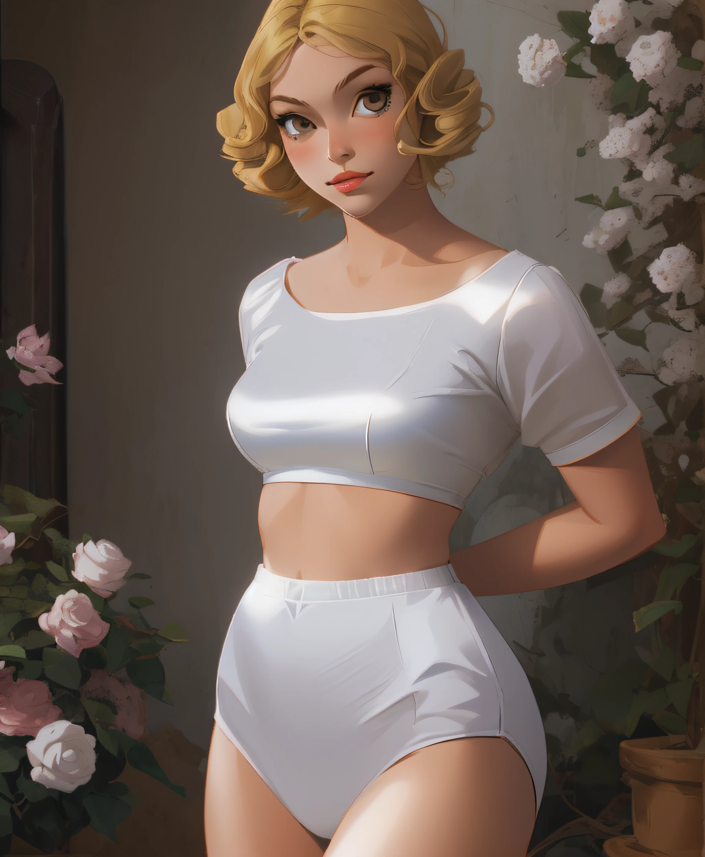 Curly short haired blonde woman, in white cotton top, and white cotton panties, anime art style, intricate details