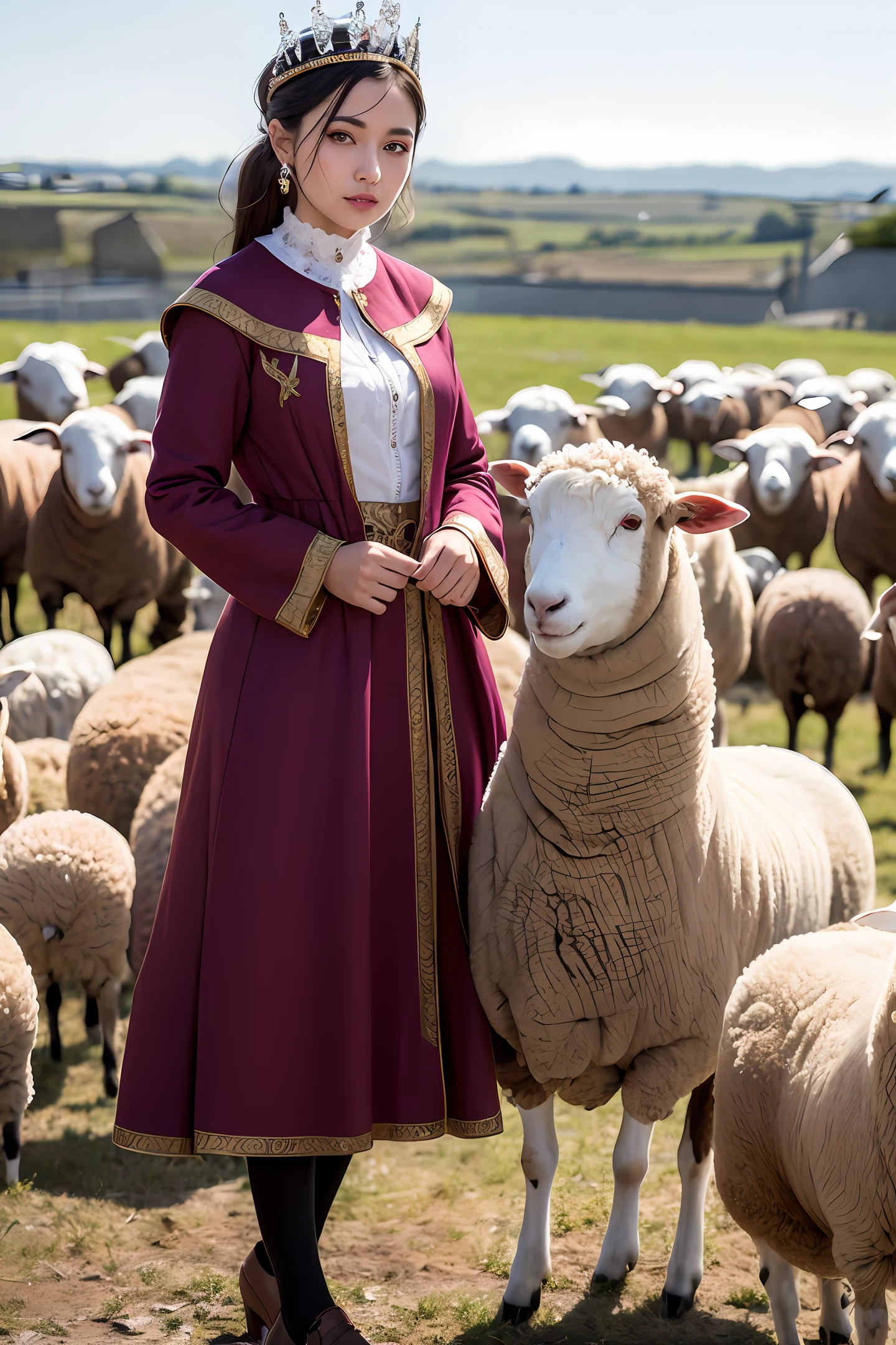 Beautiful queen, medieval clothes, working with sheep