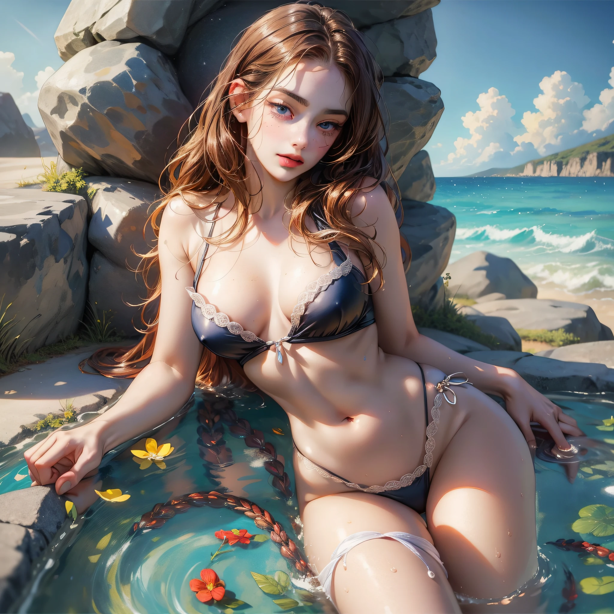 (hyperrealistic), (illustration), (high resolution), (8K), (extremely detailed), (best illustration), (beautiful detailed eyes), (best quality), (ultra-detailed), (masterpiece), (detailed face), solo, (dynamic pose), 1 girl, 18 years old, student, red and black curly hair, freckles, big breasts, blue eyes, small and cute, round face, beautiful and moving, swimsuit, nsfw