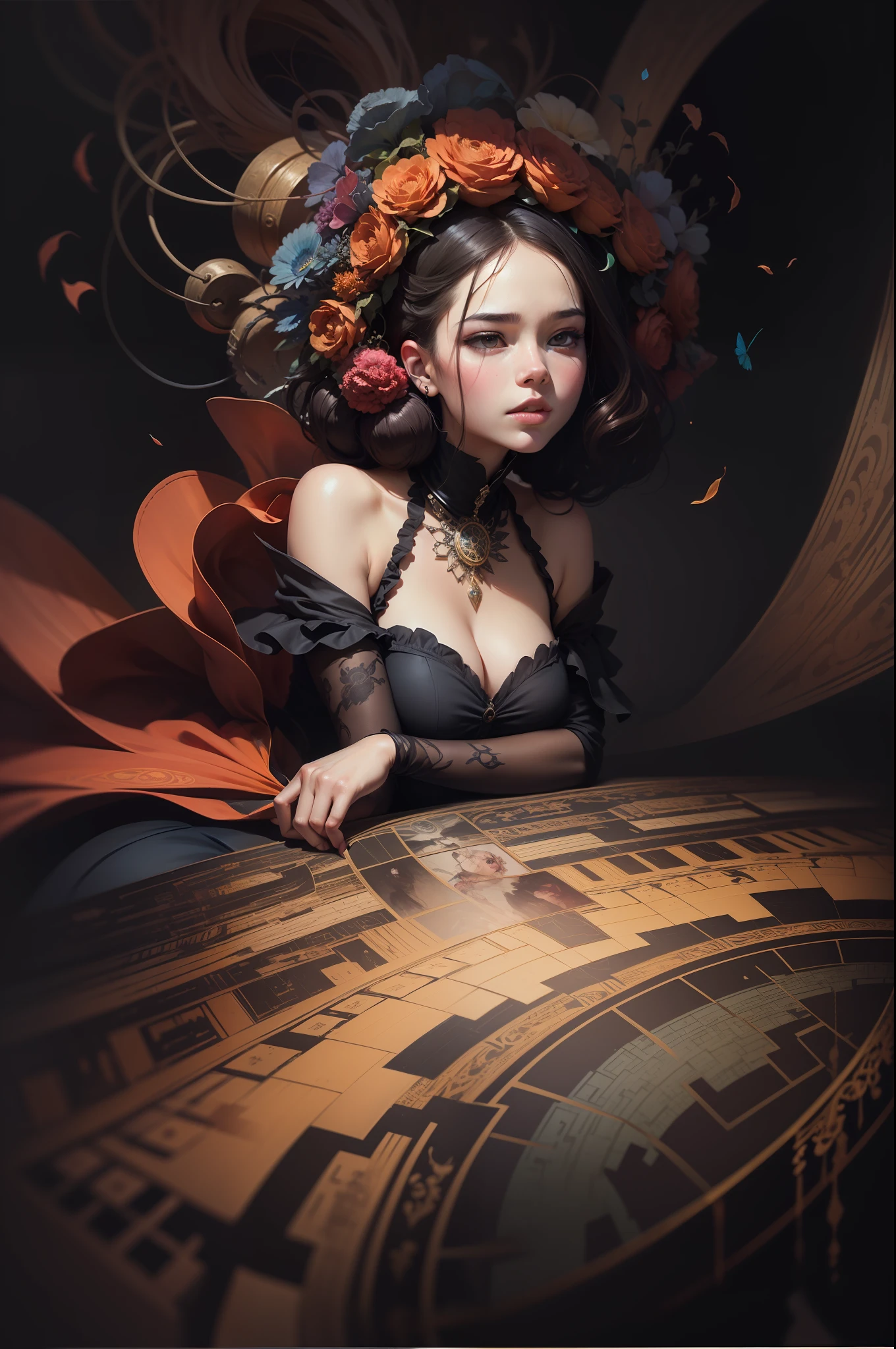 official art, unity 8k wallpaper, ultra detailed, beautiful and aesthetic, masterpiece, best quality, (zentangle, mandala, tangle, entangle), (fractal art:1.3) , 1girl, extremely detailed, dynamic angle, cowboyshot, the most beautiful form of chaos, elegant, a brutalist designed, vivid colours, romanticism, by james jean, roby dwi antono, ross tran, francis bacon, michal mraz, adrian ghenie, petra cortright, gerhard richter, takato yamamoto, ashley wood, atmospheric, ecstasy of musical notes, streaming musical notes visible