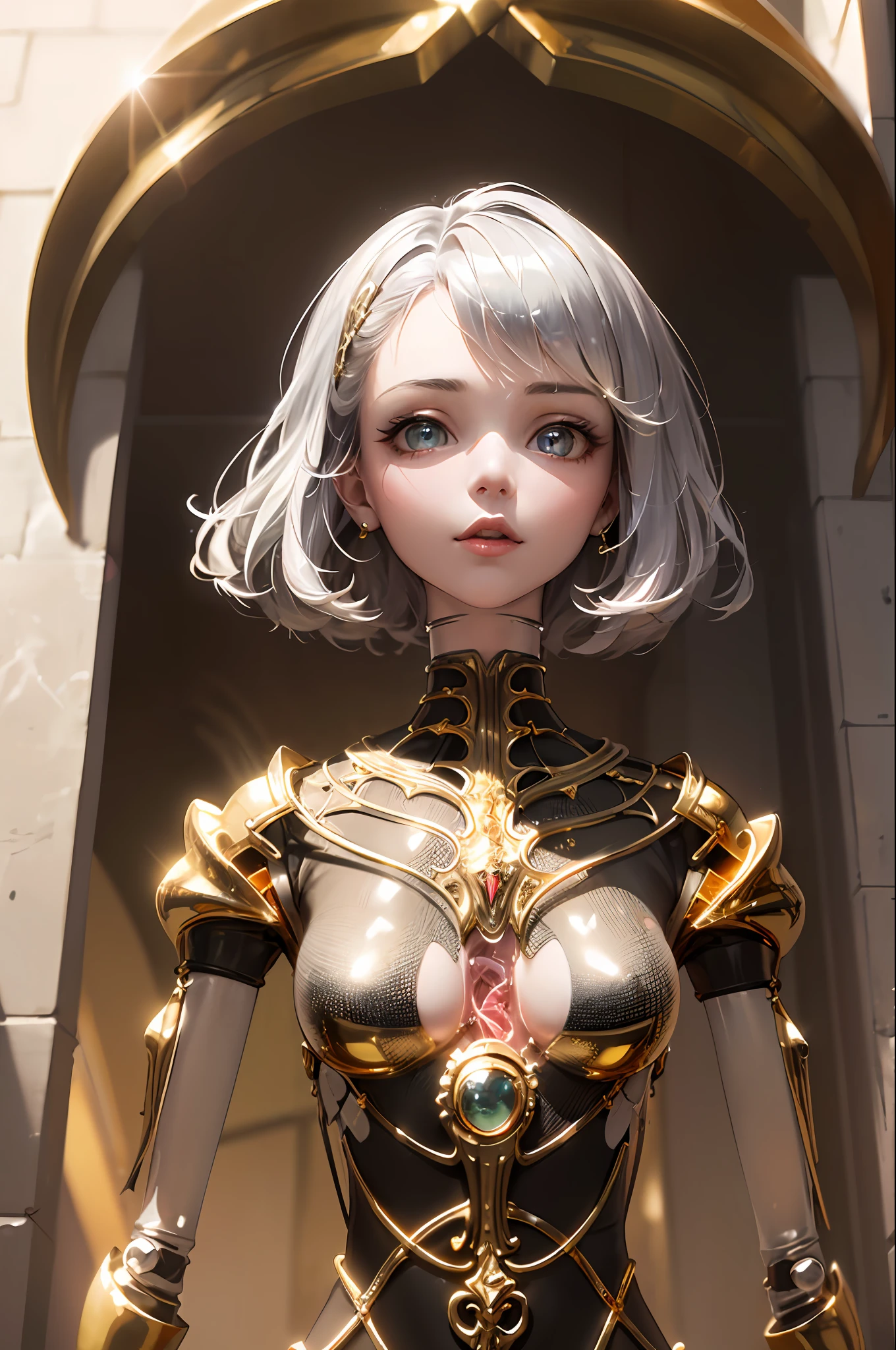 Top quality, masterpiece, high resolution, (exquisite body: 1.5), gorgeous face, (metal skin: 1.3), intricate details, high resolution, wallpaper, full body
1girl, translucent robotic body, bare skeleton, tied to a transparent tube, (((((Gold and silver body parts)))), Big eyes, Silver floating hair, Natural pose,
16K, HDR, Hi-Res, Depth Field, (Film Grain: 1.1), Boken, Golden Hour, (Lens Flare), Vignette, Rainbow, (Color Grading: 1.5)