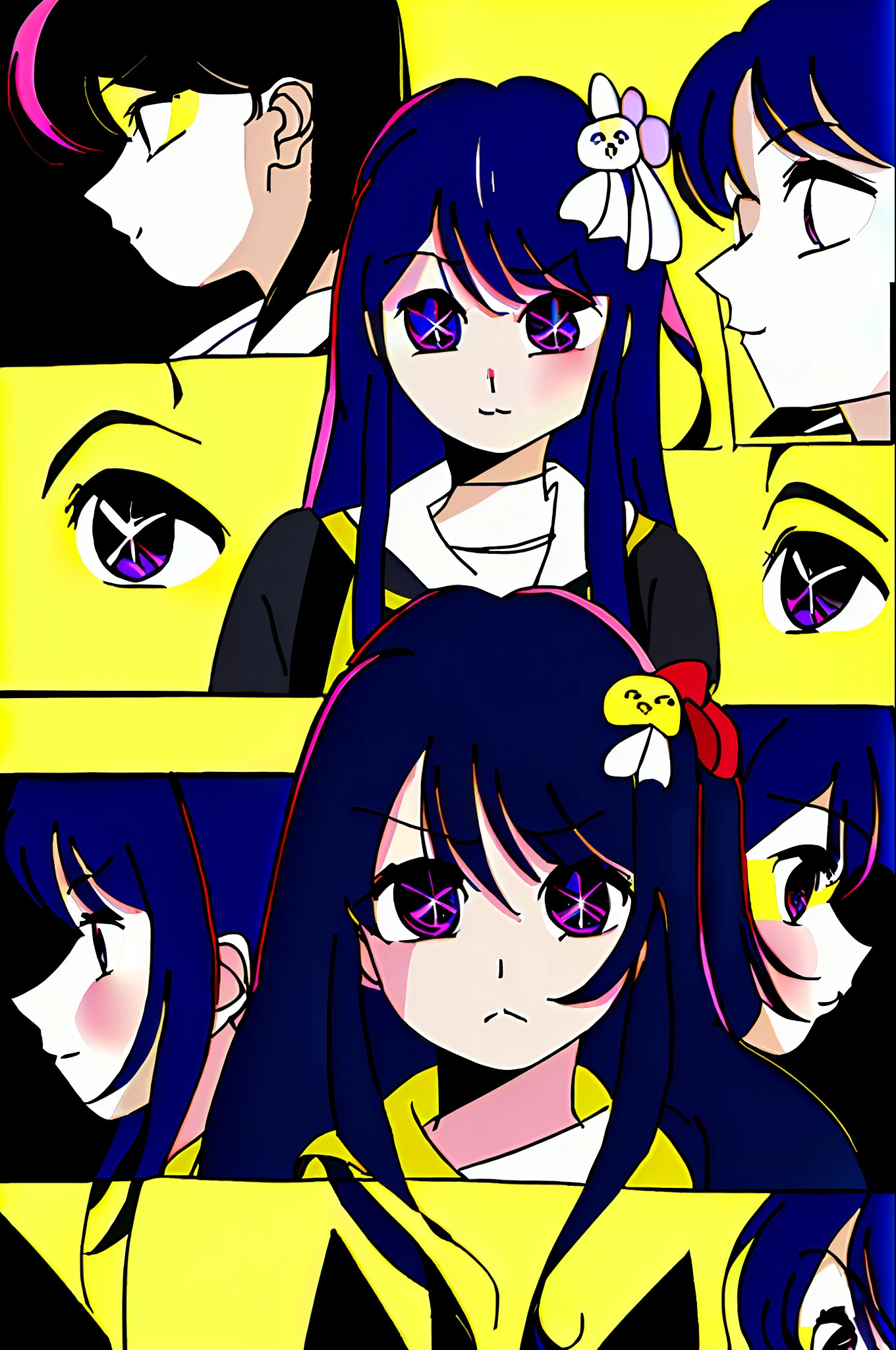 1990s \(style\), retro artstyle Hoshino Ai, long hair, purple hair, streaked hair ,purple eyes, star-shaped pupils, hair ornament,