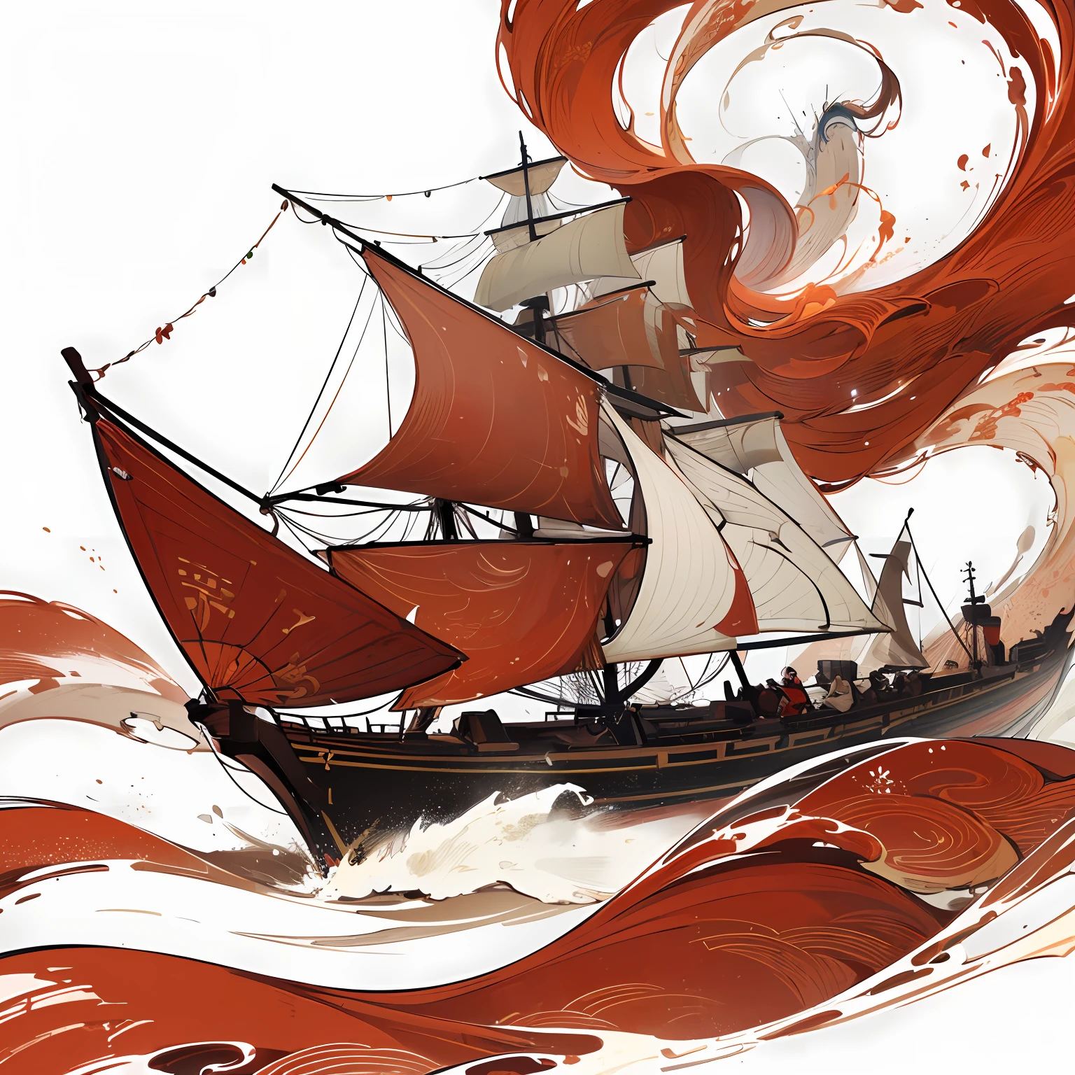 (Chinese Gongbi Painting), (Masterpiece, Top Quality, Best Quality, Official Art, Beauty and Aesthetics: 1.2), (9 Chinese Wooden Sailing Ships with Red Heads, Riding the Wind and Waves,), Extreme Detail, (Fractal Art: 1), Colorful, (Best Masterpiece), 8K, Riding the Wind and Waves, Majestic. (White background: 1.5)