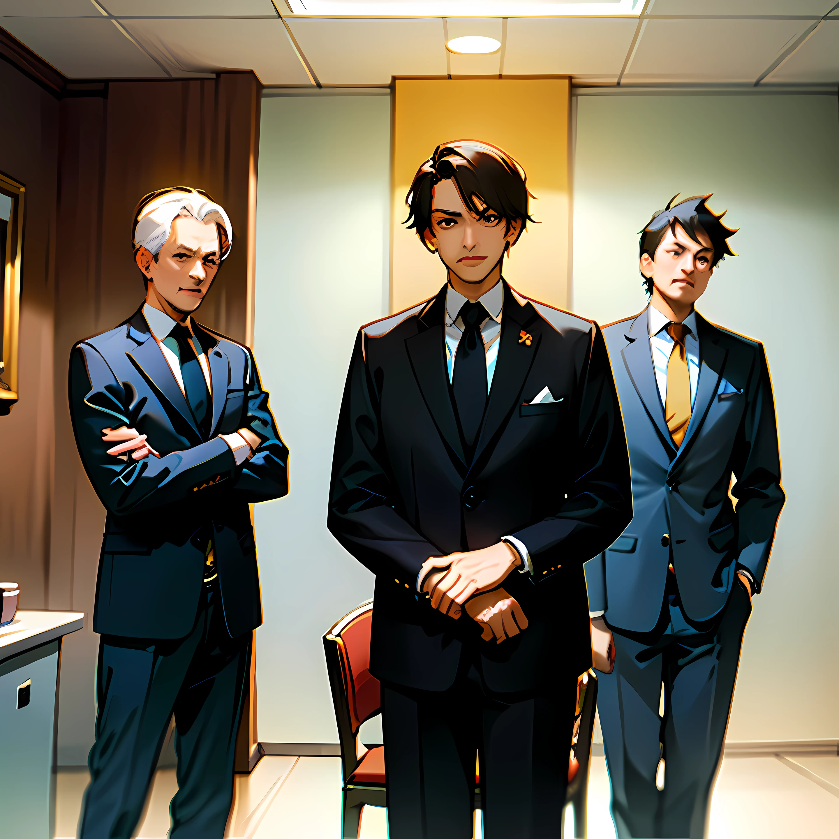 4 mature politicians, sitting in a conference room, dressed in suits, serious, looking at viewer, (masterpiece: 1.2), best quality, masterpiece, high resolution, original, extremely detailed, (extremely detailed CG: 1.2) anime style, quality masterpiece.