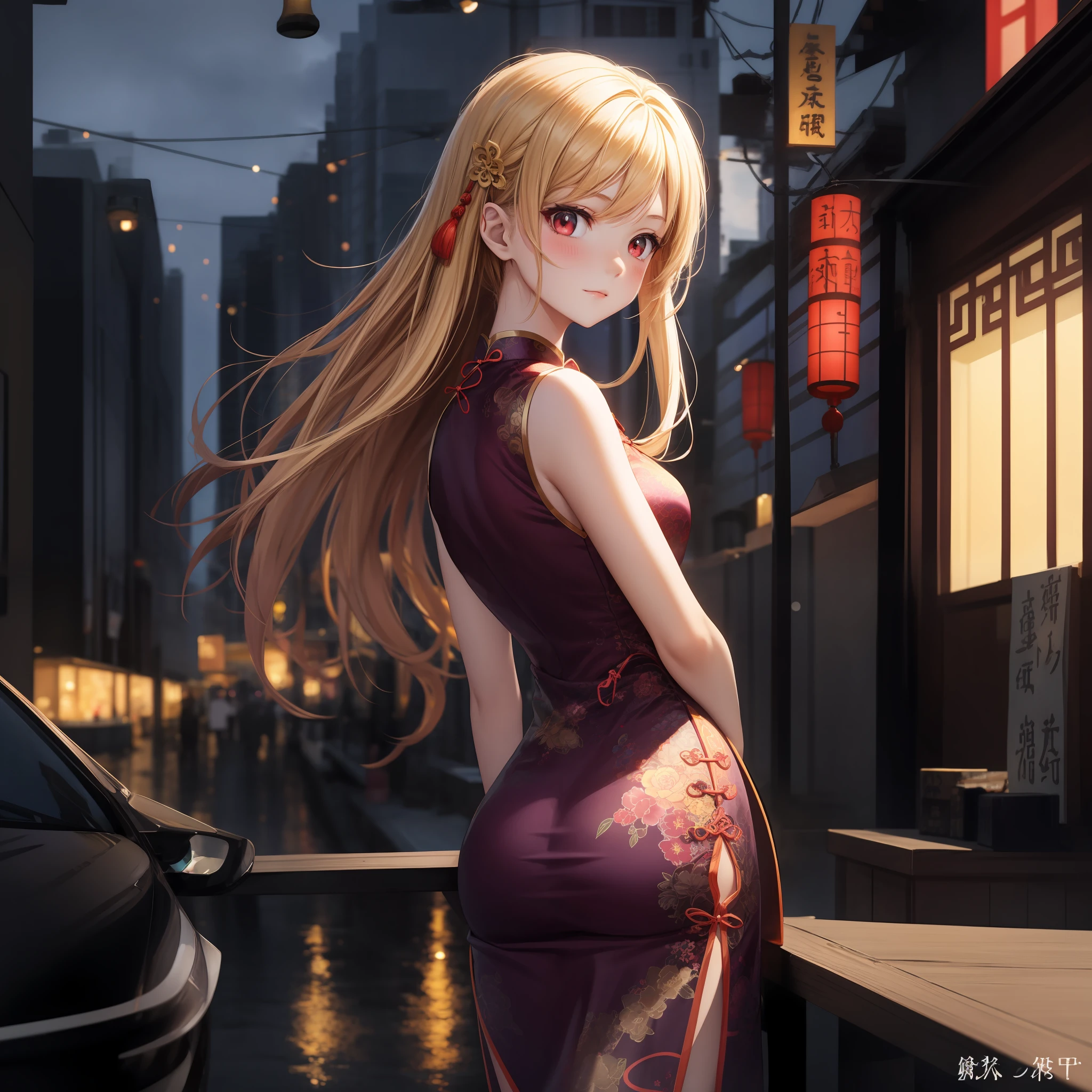 anime, girl, red-eyed blonde girl, cheongsam, one, solo, chinese building, kamimei, blush