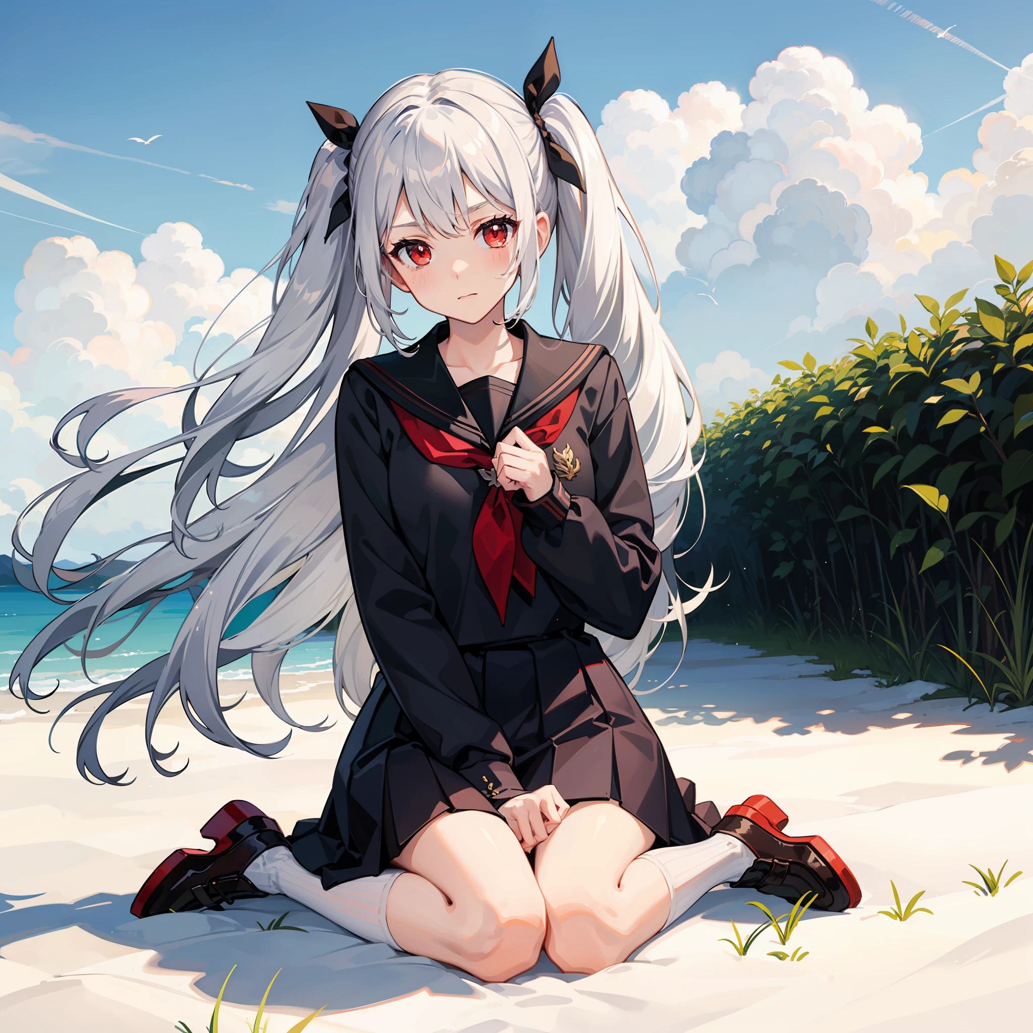 white hair, red eyes,school uniform, cloudy sky, full body, grass,looking at viewer, wariza, twintails,front,silver hair, sit,
