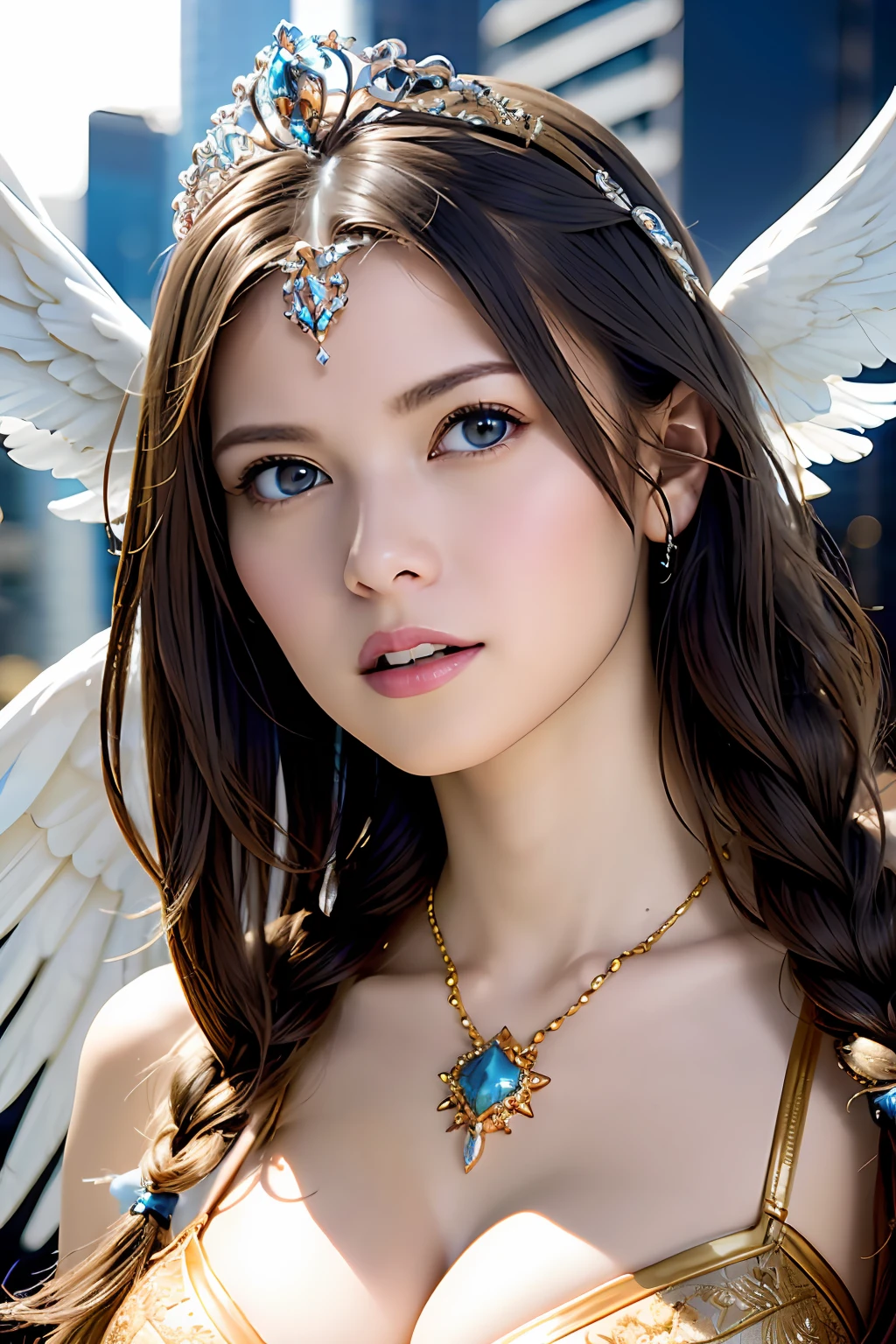 Ultra-detailed complex 3D rendering of the face, (Colossal: 8.8), (masterpiece, top quality, octane rendering, 8K), glamour shot full body image, cleavage, (highly detailed skin: 1.2), (exposure: 1.1), (blonde), (wearing a plummet tank top of gold silk: 1.5)), blonde hair, beautiful Caucasian woman with full soft breasts and white skin, one with big ass, long braided hair, big breasts, dynamic angle, mystical expression, ultra-realistic photography, (((((portrait))), bare feet, futuristic city background, facial muscles, detailed and beautiful queen tiara, in the style of Marvel Comics, clear focus, studio photography, intricate details, highly detailed, detailed yellow eyes, sharp focus, digital rendering, professional, abs, (((((sexy pose))), natural jungle, open mouth lightly, mansuji, crotch open, seductive look, angel ring, detailed angel wings, angel ring, detailed and beautiful mouth, detailed jewelry necklace, perfect body beauty: 1.4, glowing light particles,