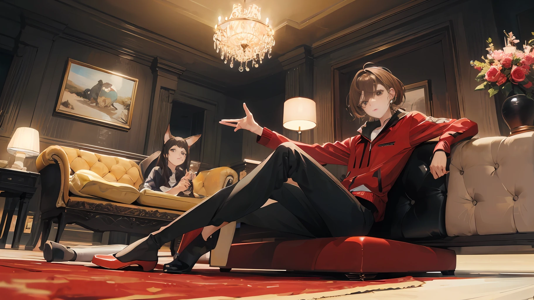 Full body, beautiful face, brown hair, black eyes, sitting on the sofa with a confused expression