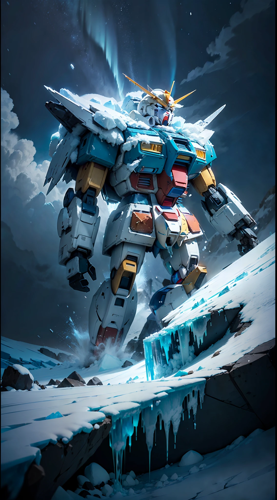 ((((Super Huge Blue and White Cool Gundam)))), (((Rusty)), (((Looking Up))), Blue Tones, Night, (Aurora), (Meteor), ((Sublime Glacier)), Broken Ice Wall Covered with Ice and Snow, Condensed Huge Ice Picks, Blizzards, Hail, Ice and Snow Covering Everything, Huge Footprints, Dark Clouds, Eerie Horror, Rich Cold Breath, Cracked Ice, Floating Ice, Rusty, Uneven Road, Potholes, Turquoise and White Rock Material, Full Body View, Condensed ice pick, a warrior hunting, huge cracks in the stone wall, crushed ice, gloomy, super fine face, (((close-up))), ((depth of field)), master work, super fine, high quality, 16k resolution, cinematic lighting