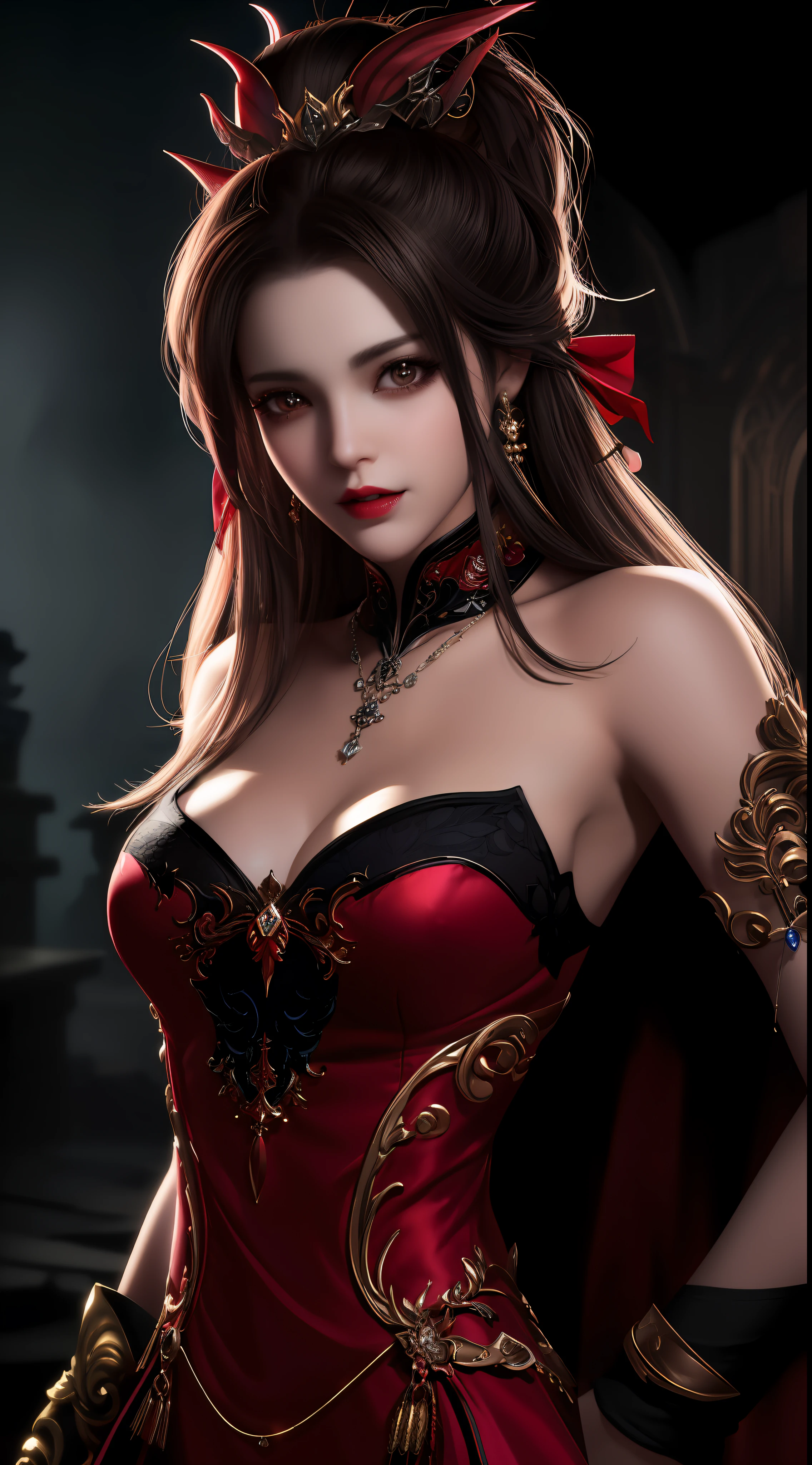 best quality, masterpiece, highres, 1girl, lingerie china armor, hair ornament, necklace, jewelry, Beautiful face, upon_body, tyndall effect, photorealistic, dark studio, rim lighting, two tone lighting, (high detailed skin:1.2), 8k uhd, dslr, soft lighting, high quality, volumetric lighting, candid, Photograph, high resolution, 4k, 8k, Bokeh, medium breasts, (light pink lips), 1 beautiful devil woman from hell, In the Dark: 1.6), surreal female portrait by David Hockney and Alphonse Mucha, fantasy art, korea doll, photorealism, dynamic lighting, artstation, poster, volumetric lighting, very detailed faces, 8k ultra, Awarded, in the dark, deep shadow, low key, cowboy lens, (Red phoenix dress: 1.4), long hair, black hair, bust, luxurious palace, Royal style, devil crown, red eyes make up very sharp and detailed, The most beautiful face, The breasts are very big and round and round, Super realistic, chinese women's clothing, polo neck sweater, Charming smile, The eyes are very well made up, guweiz, devil style, wearing black mesh socks, Ponytail with a bow tied at the back of the hair, Red black lips, Devil tattoo on shoulder, wearing a thin red and black robe, the landscape is overcast and thunderous, (Portrait), Close-up of the main character, (Background details 1.8),
