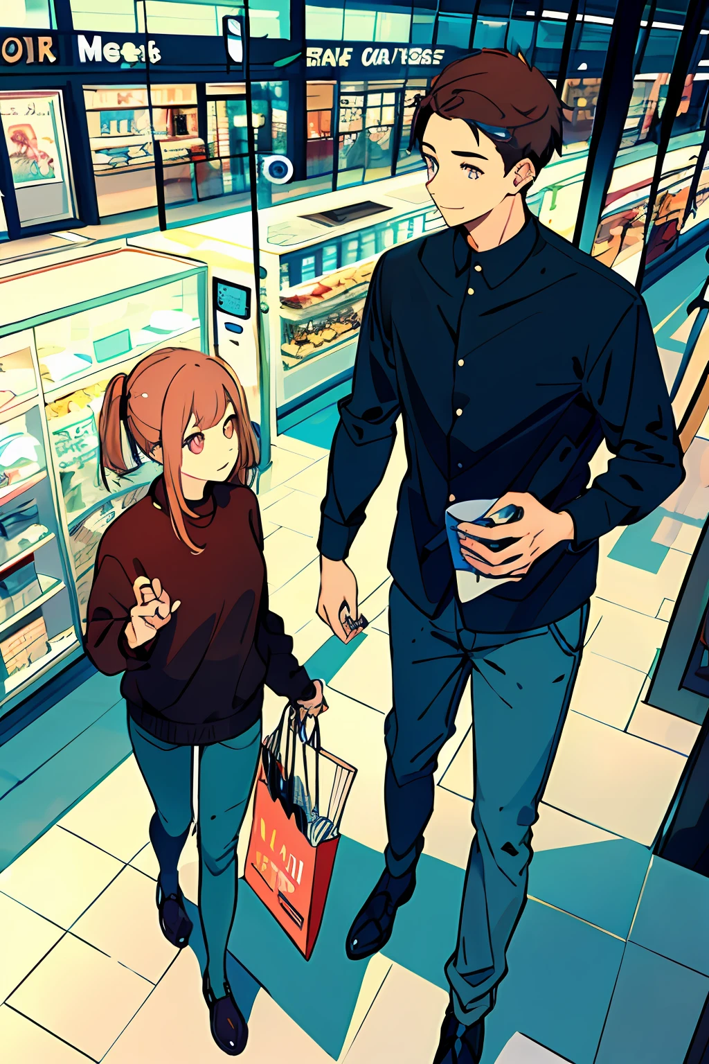 couple of boys and girls, chatting face to face, from above, dark hair, cat, shopping center, long sleeve,