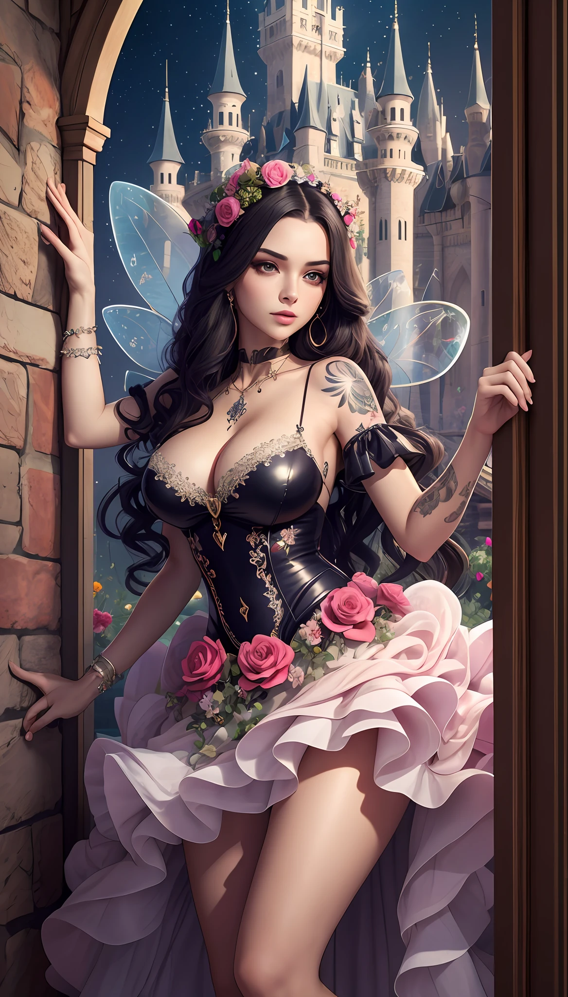 Beautiful girl, exquisite facial features, big tits, fairy dress, gorgeous, flowers, tattoos, glare, bubbles, night, castle, 16k resolution, highest image quality, highest definition, studio quality, peerless masterpiece, 3D, ultra HD, full body photo