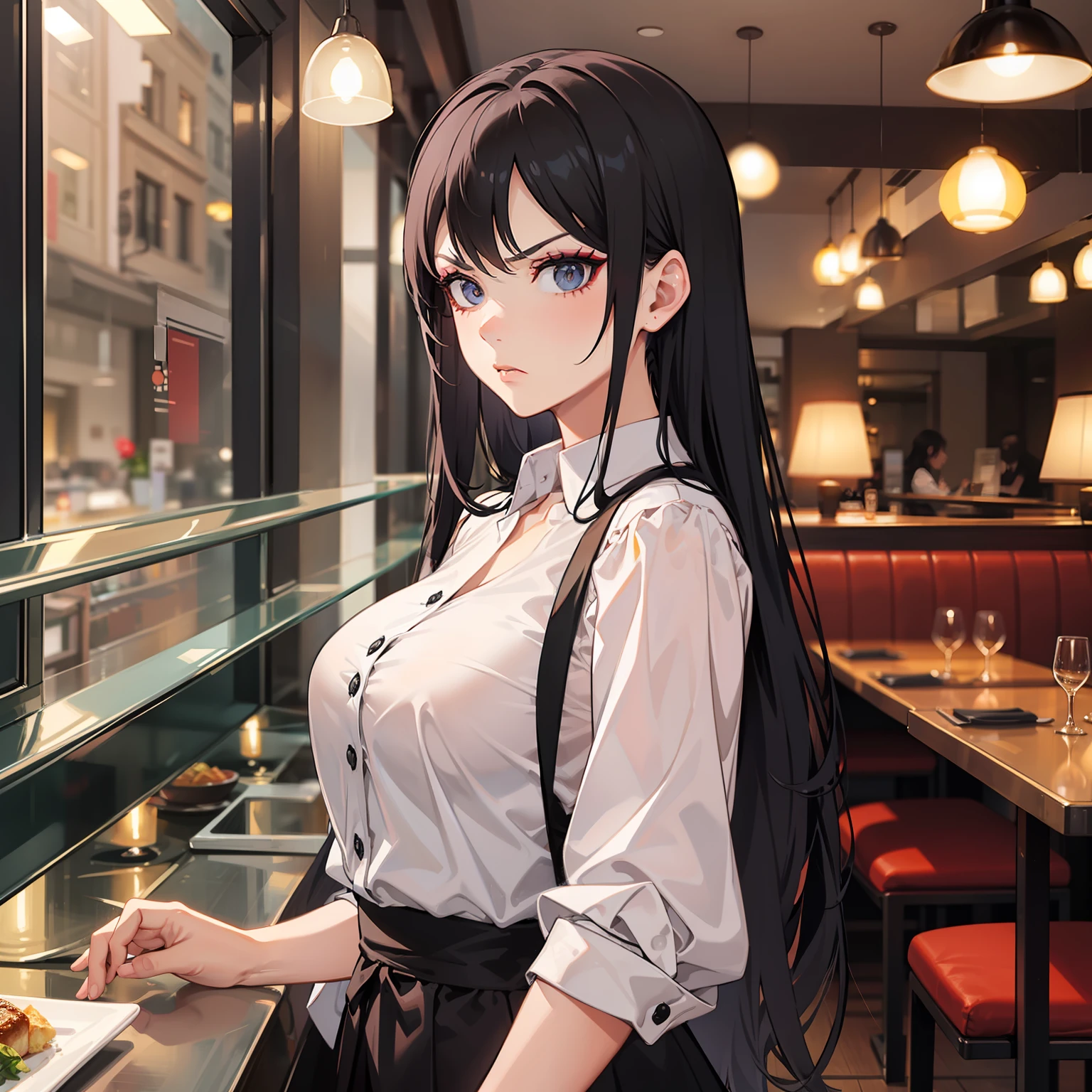 A woman with exquisite makeup, in the restaurant, standing, angry