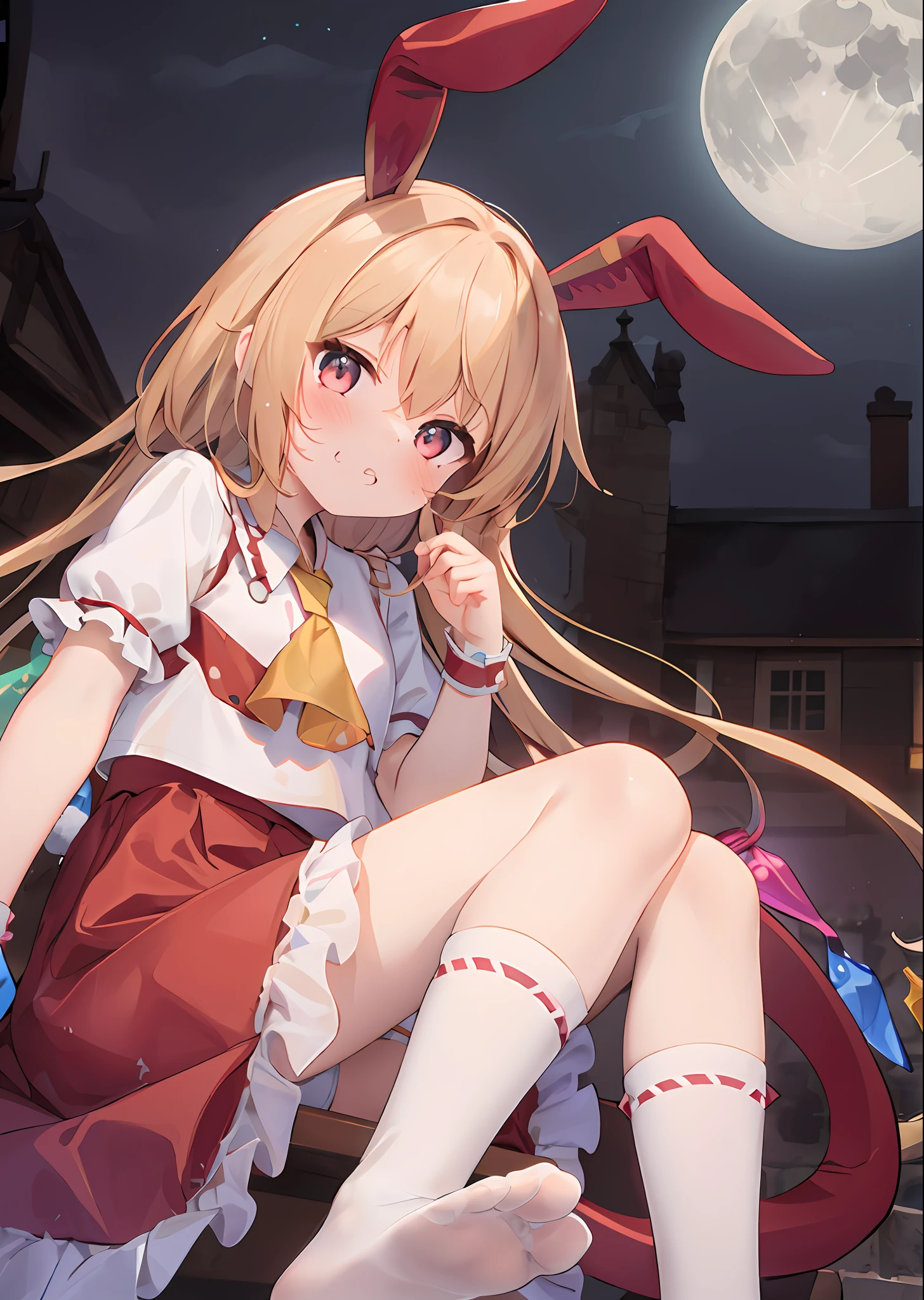 Anime girl sitting on bench with full moon in background, splash art anime loli, anime vision of cute girl, from Azur Lane video game, loli in dress, Rin, little curve loli, kavassi, azure lane style, nightcore, cute anime girl, official artwork, bunny girl, with rabbit ears (masterpiece, best quality, high resolution: 1.2), 1 girl, solo,