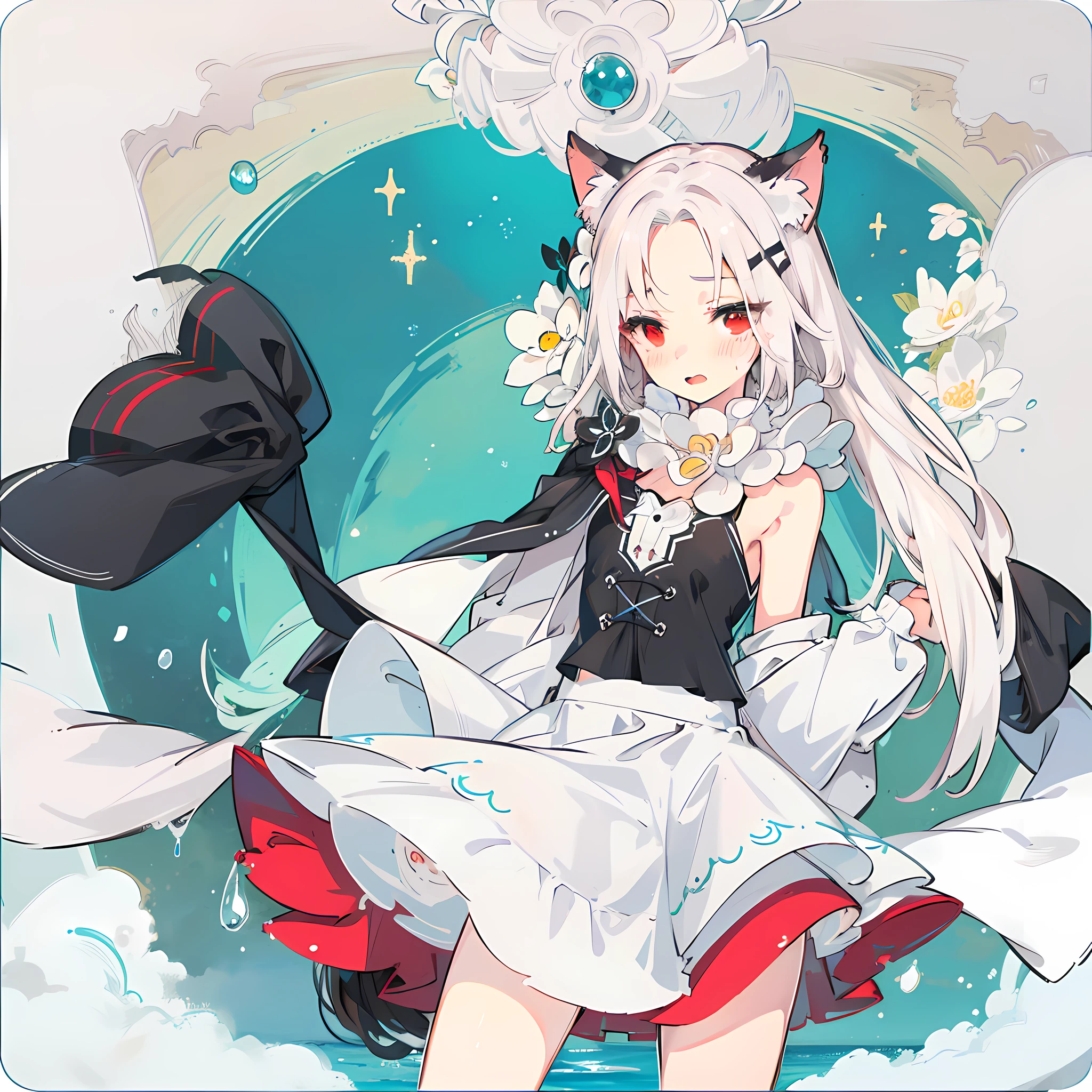 Long head and white hair, cute, red eyes, low cat ears, blushing, vaginal water, making sounds, panting, , white silk, skirt pulled up, leaking out of the lower body