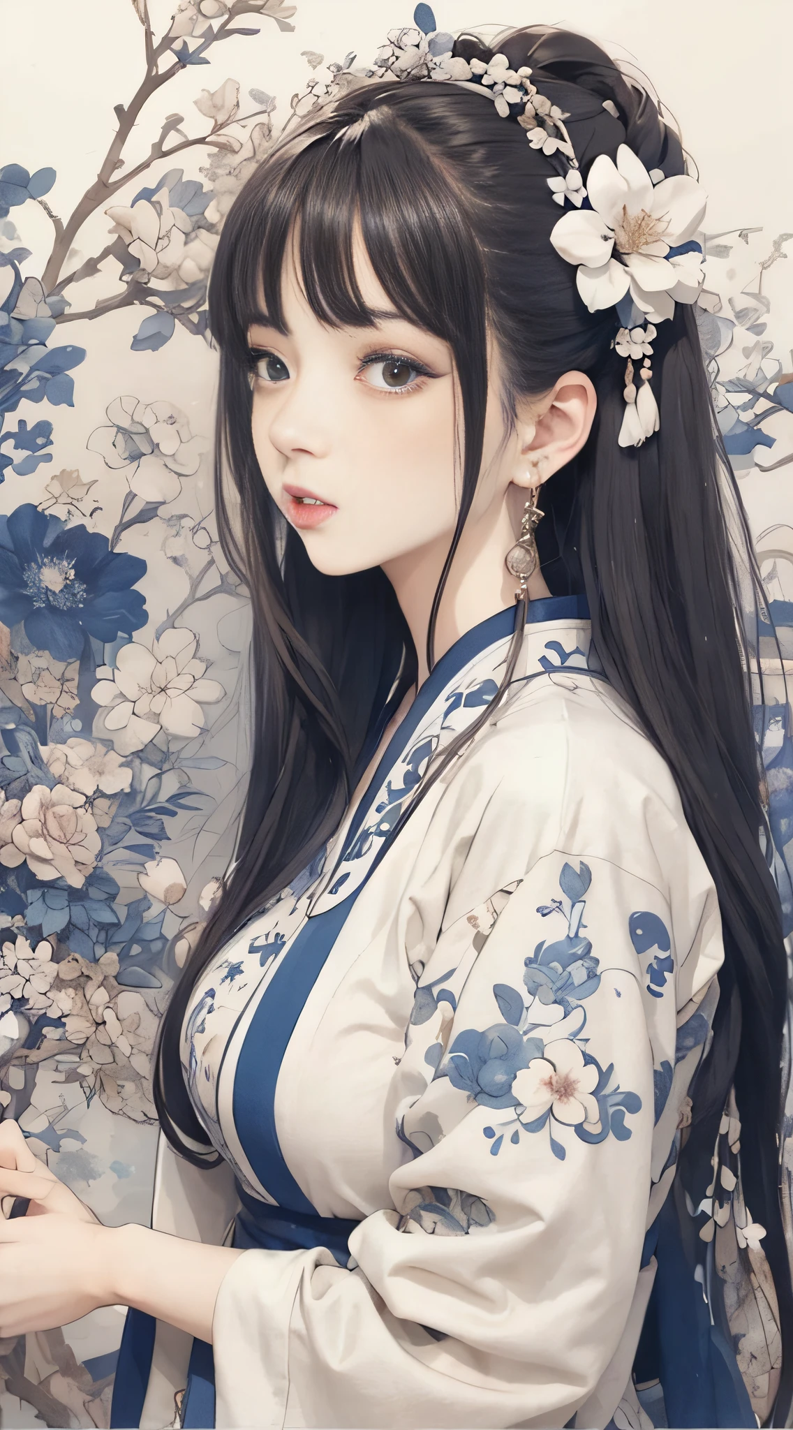 A painting, a woman in a blue and white dress with flowers in her hair, blue and white porcelain style, Hanfu girl, Japanese art style, ancient Chinese art style, beautiful figure painting, Chinese painting style, with ancient Chinese aesthetics, Chinese style, beautiful artwork illustration, Chinese traditional art, oriental art style, blue and white porcelain exhibition, beautiful anime portrait character composition in the lower left corner, blue and white porcelain background decoration in the upper right corner