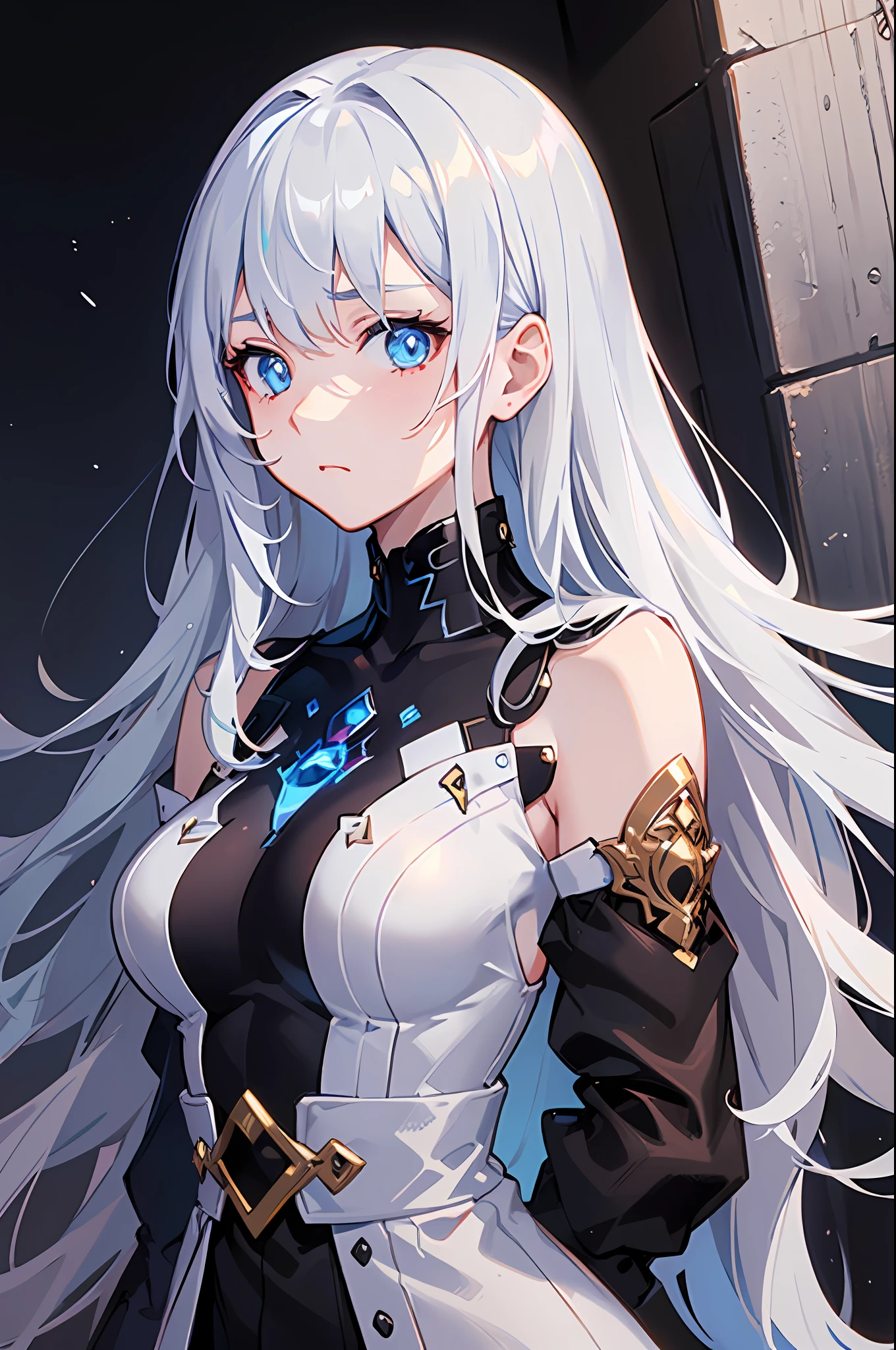 1girl, anime, (((good hands))), (((ultra-detailed))), ((masterpiece)), ((illustration)), modern, upper torso, facing forward, young adult, gynoid, albino, glowing blue eyes, casual wear, emotionless