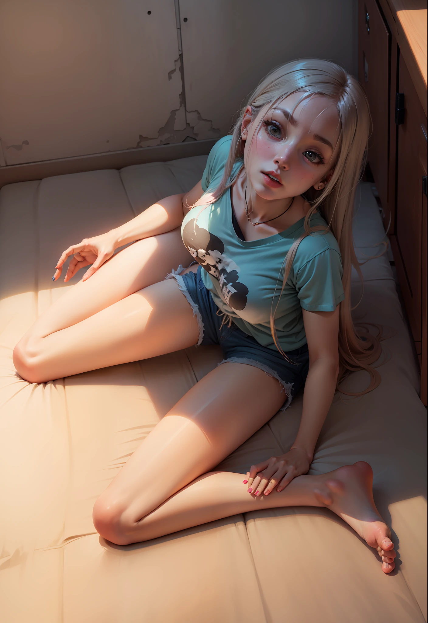 woman, T-shirt, shorts, long hair, barefoot, --auto