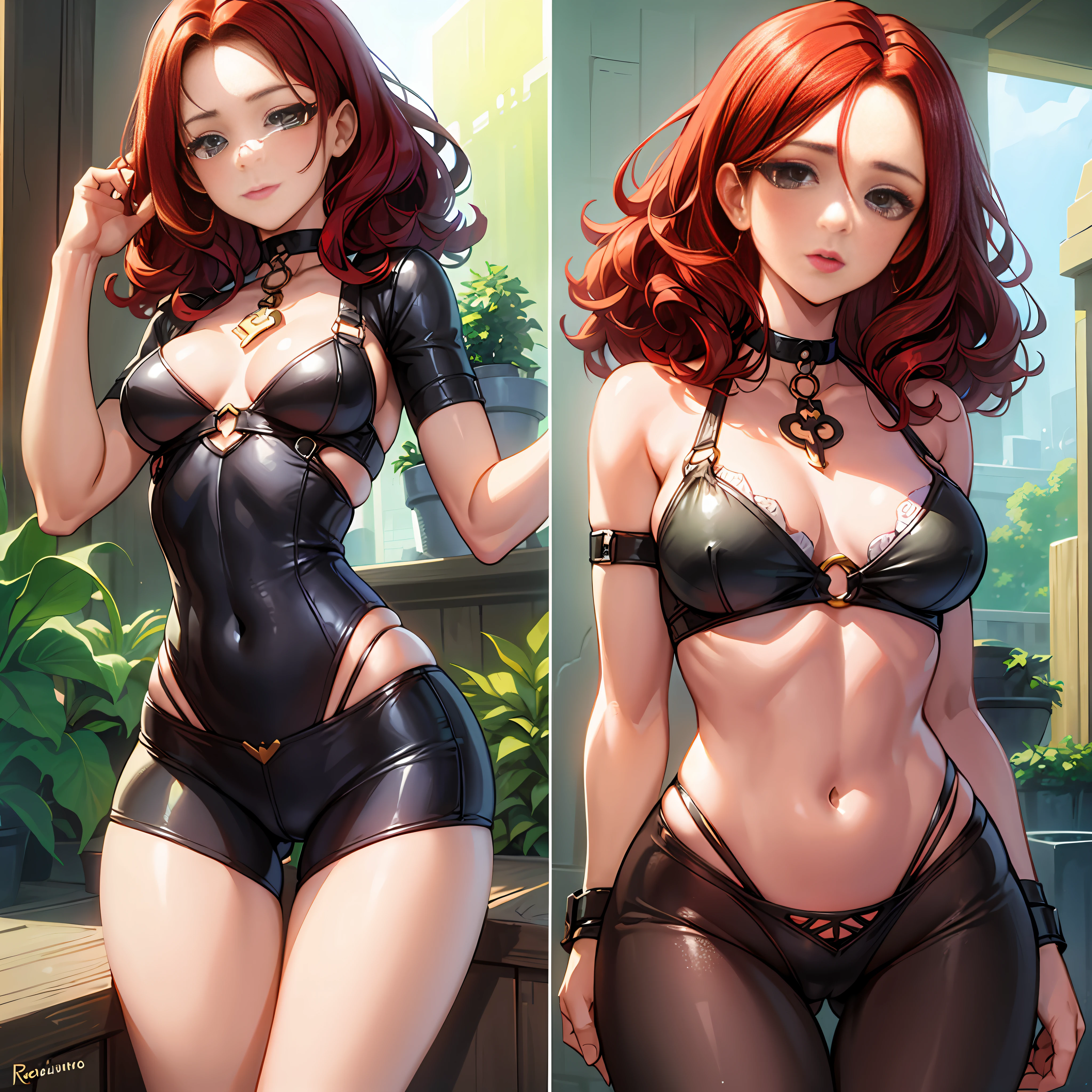 (masterpiece:1.2), (best quality1.2), detailed,, 1 latina girl ,(mature), open forehead,curly hair, (medium hair), red hair, green eyes, harness, thigh gap, small medium breasts, large hips, red lipstick, choker, (top-down bottom-up:0.8), (hunk grabs waist), (from behind)