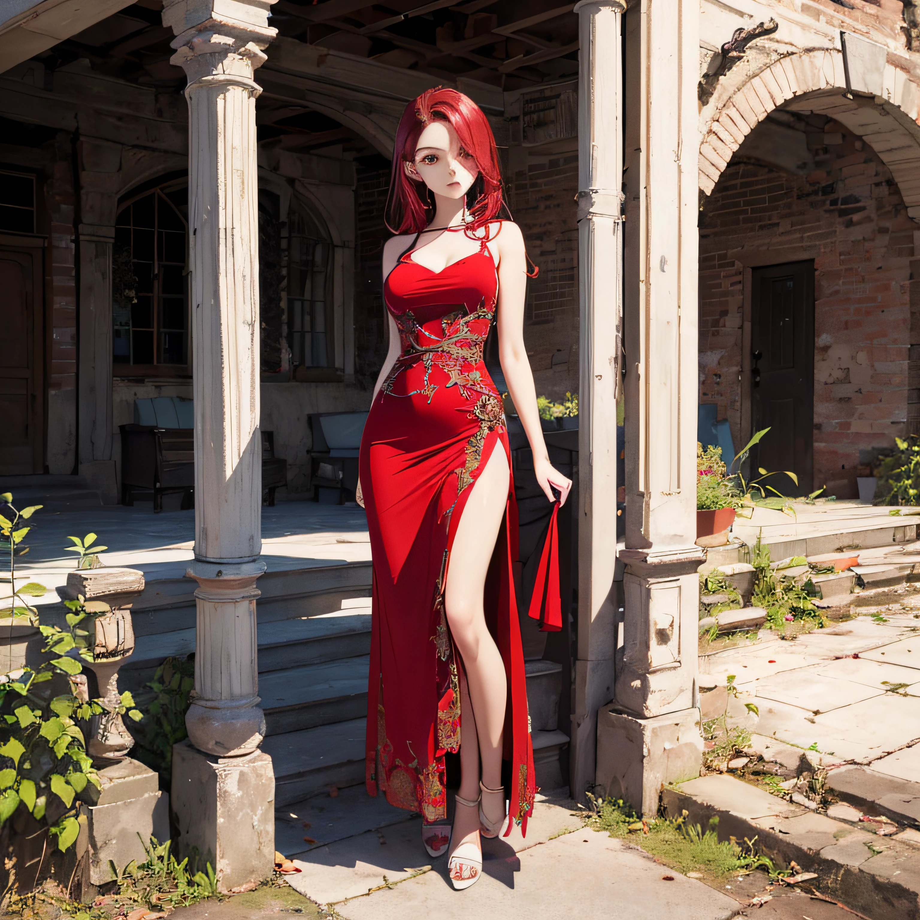 (8k), (Best Quality), (Masterpiece:1.2), Super Detail,One Girl,Beautiful Woman,Brave Woman,18 Years Old,Brave Expression,Inside an Old Building,(Detailed Eyes:1.5),(Pale Red Tight Long Dress:1.5),(Red Dress:1.5),Full Body,Small,Red Hair,Black Eyes