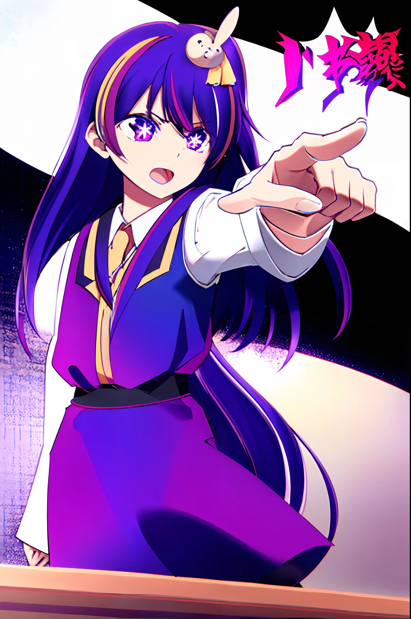 Hoshino Ai, long hair, purple hair, streaked hair ,purple eyes, star-shaped pupils, hair ornament, objection, ace attorney, pointing