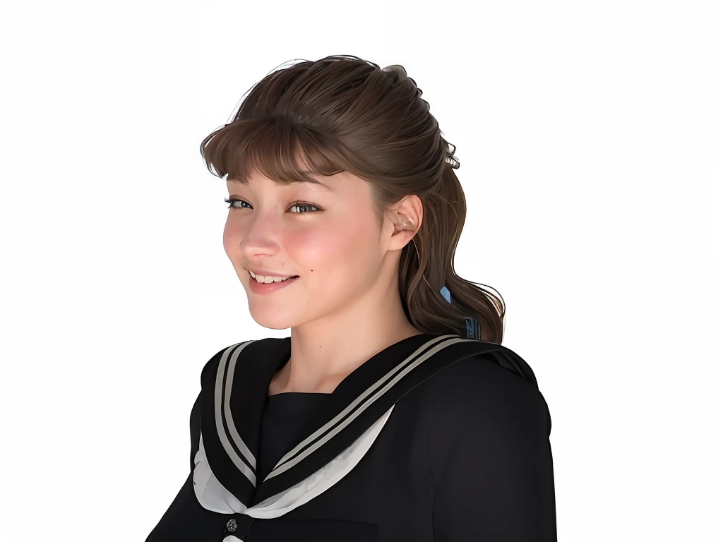(masterpiece, top quality, 15 year old girl, solo, intricate detail, chromatic aberration), sailor uniform, (black eyes), (grinning), (big eyes), (Lora: MusenaturalFaceV1_V 1:0.2), pureerosface_v1, (big smile: 1), lace, flowers, big breasts,