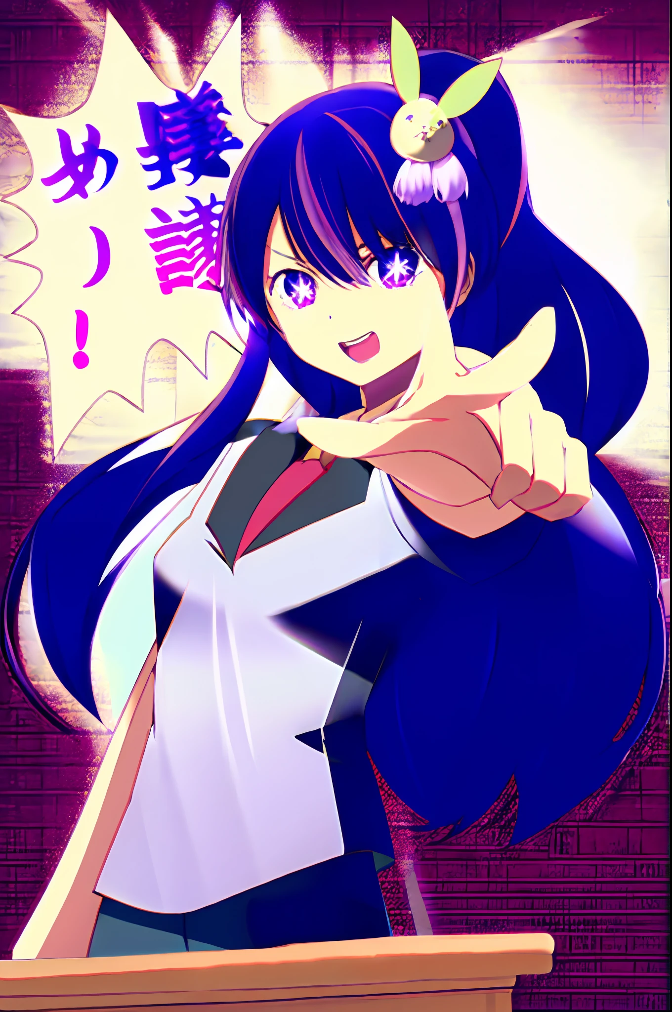 Hoshino Ai, long hair, purple hair, streaked hair ,purple eyes, star-shaped pupils, hair ornament, objection, ace attorney, pointing