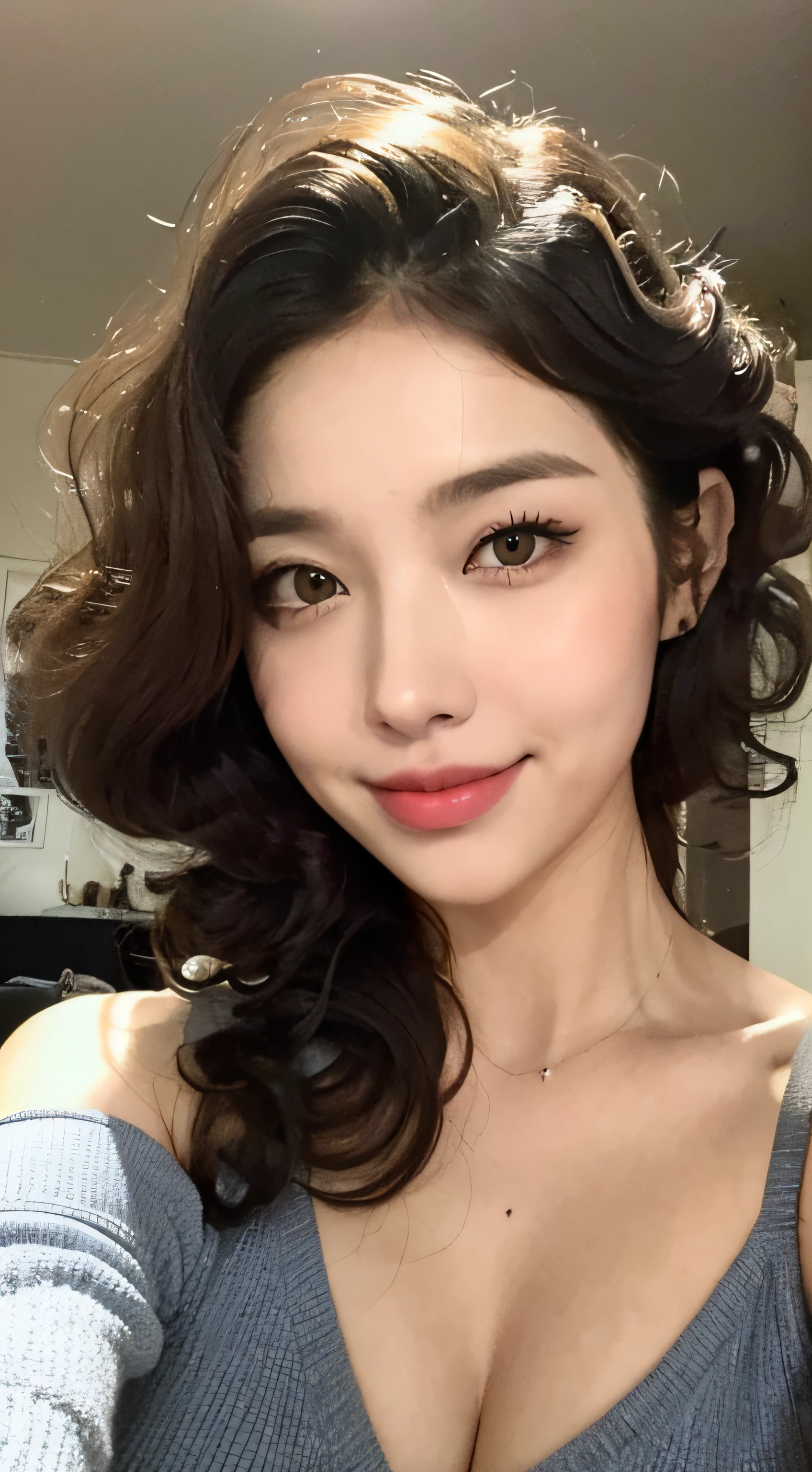 ((Realistic Light, Best Quality, 8k, Masterpiece: 1.3)), 1 Girl, Slim Body Beauty: 1.4, Brown Hair, (((Super Big: 1.3)), Off-Shoulder Cut Top: 1.3, Ultra Detailed Face, Detailed Eyes, Double Eyelids, Own Room, Smile, Cleavage, Saggy Breasts, (((Sagging Breasts)), (((Beauty)), But I am hotter when my morning hair's a mess, Winding hair curlers