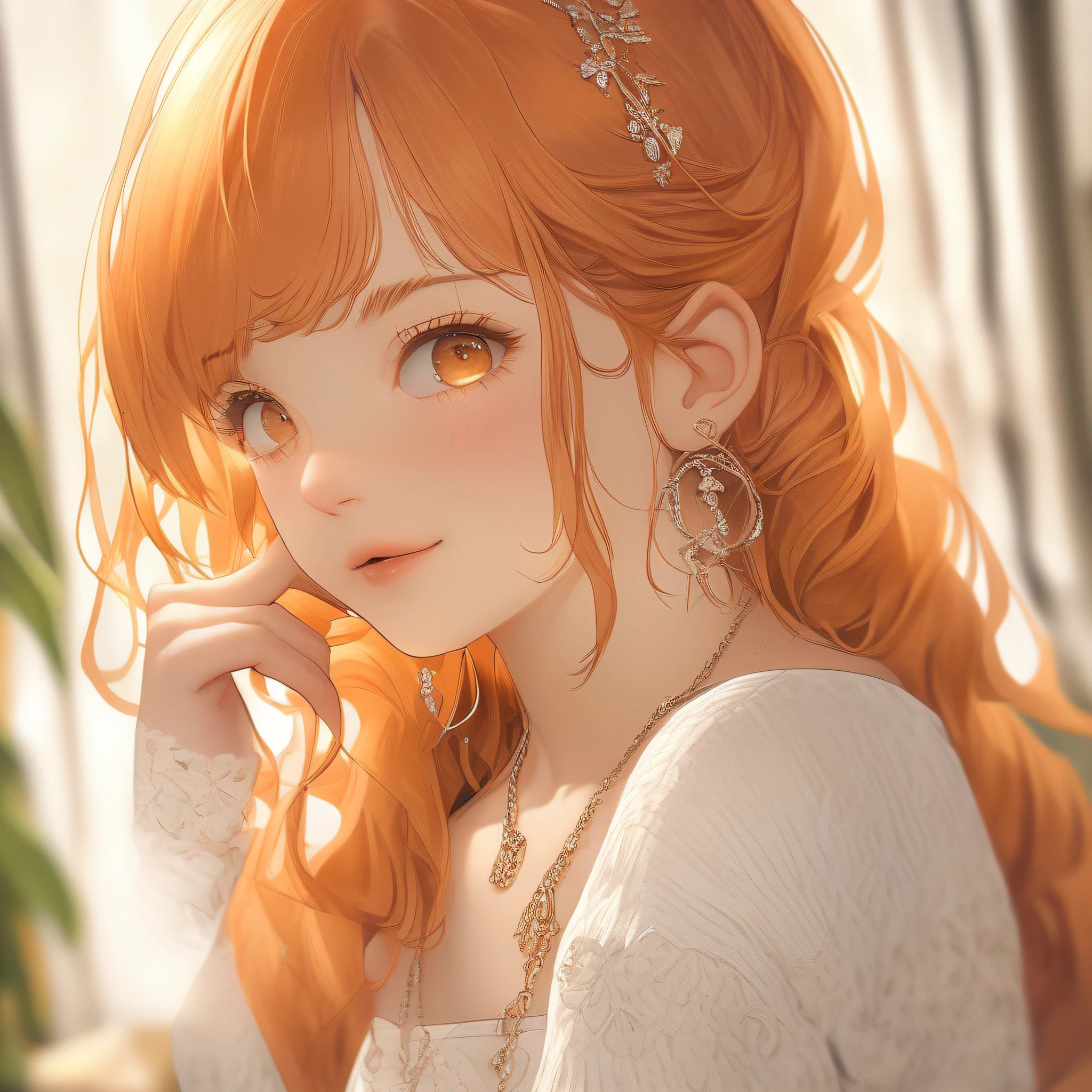 ultra realistic 8k cg, masterpiece, ((ultra detailed background, delicate pattern, intricate detail)), (highly detailed, fine details), best quality, (photorealistic:1.4),beautiful lighting,  absurdres, RAW photo, film grain, ((medium breasts, slim girl)), NamiChan, 1girl, orange hair, solo, long hair, jewelry, ((medium breasts, slim girl, bikini top only, jeans, left shoulder tattoo)), brown eyes, smile, earrings, cleavage, bracelet, collarbone, navel, (complex detailed background, outside, beach environment, sunny, nature), ((close-up, portrait)),