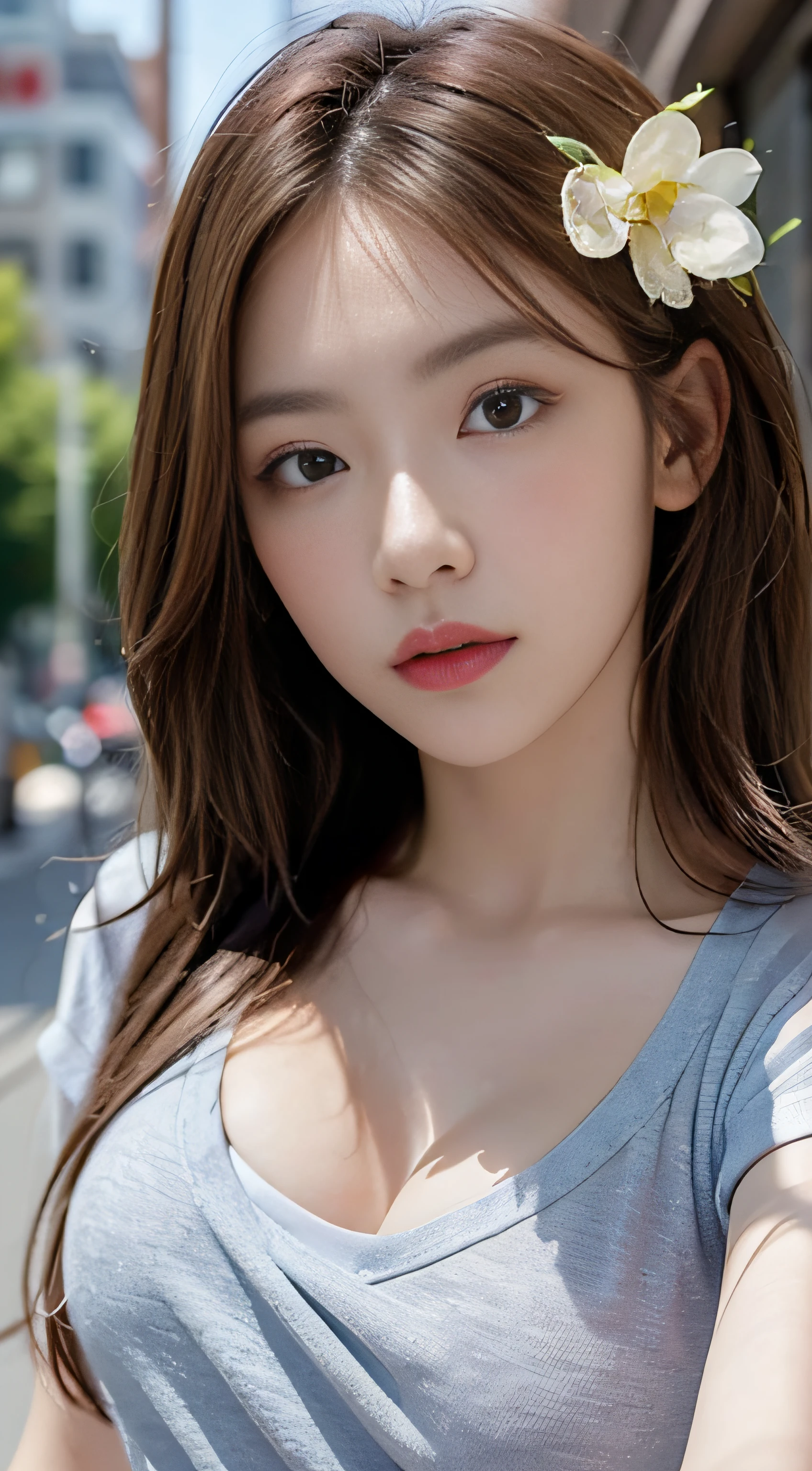 ((Realistic lighting, top quality, 8K, masterpiece: 1.3)), clear focus: 1.2, 1 girl, perfect body beauty: 1.4, slim abs: 1.1, ((dark brown hair, large: 1.3)), (acceleration: 1.4), (outdoors, daytime: 1.1), flowers, slender face, narrow eyes, double eyelids, exposed, messy hair, floating hair, short sleeve forehead t-shirt, fashion model pose, big breasts, chest close-up
