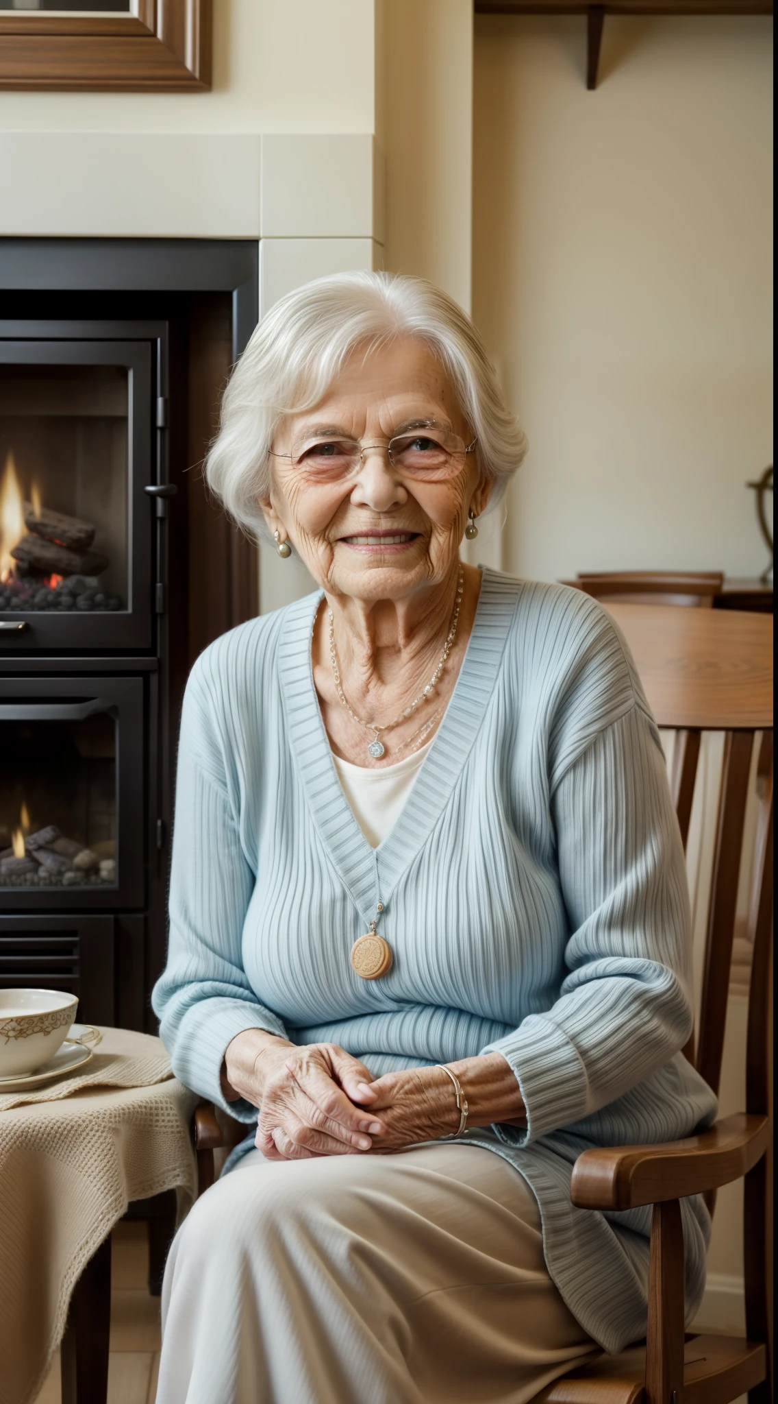 At the heart of a cozy home filled with laughter and stories from generations is our dear grandmother, Mary. Her silver hair, tucked in with remnants of dark curls, is tightly tied in a bun, each strand telling a story of time well spent. His eyes, a sparkling blue, have witnessed a century of change, but they still shine with the same youthful spirit, kindness and wisdom. Maria is dressed in a comfortable pastel-colored hand-knit sweater, each point a testament to years of patient dedication and love. She wears a locket, containing photos of her loved ones, resting gently against her heart – a symbol of the family ties she cherishes deeply. She's sitting in her favorite rocking chair, nestled by the warmth of a crackling fireplace. The walls around her, adorned with family photos, mirror her life's journey and the legacy she has built. In her hands, she holds a pair of knitting needles, her rhythmic clicks harmonizing with the soft hum of her lullaby. The living room is filled with the comforting aroma of her homemade cookies coming out of the kitchen, a tantalizing promise of the party to come. Her face lights up with a sincere smile as she listens to the banter of her grandchildren playing in the next room. His gaze is directed to a family photo in the mantelshop, his eyes shining with joy and pride. Through it, the roots of the family tree run deep and strong, branching out into a beautiful legacy of love and togetherness. The image of Mary, our beloved grandmother, is a celebration of life in its most loving and caring form. She stands as a pillar of comfort, resilience and endless love, her wisdom the guiding star for generations to follow. The image is a tribute to each grandmother who, with her caring nature and unwavering support, makes this world a better place.