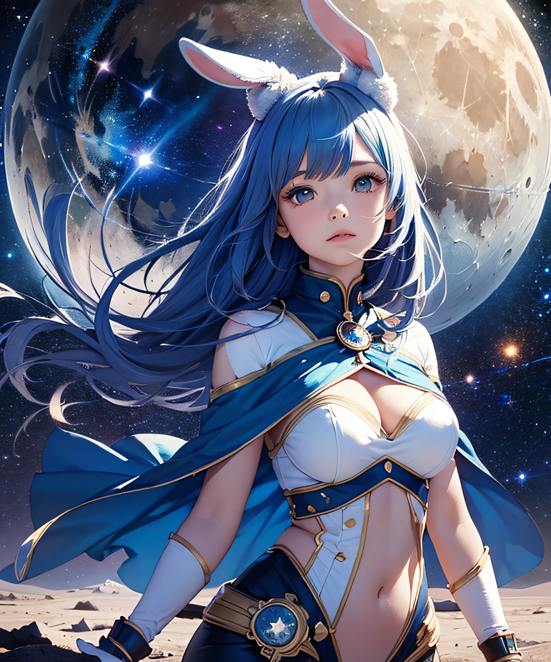 Highest quality, realistic, highest resolution, (Moon))))), (Rabbit girl wielding a whip walking on the desolate lunar surface)), ((Blue ((Only the big Earth)))) floats in the sky)), Night sky, Galactic stars, (((Milky Way))