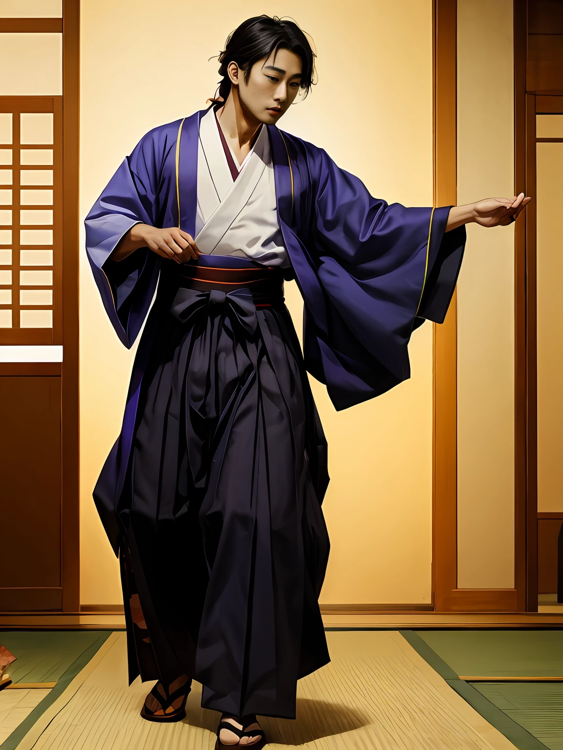 Men in haori hakama, dancing,