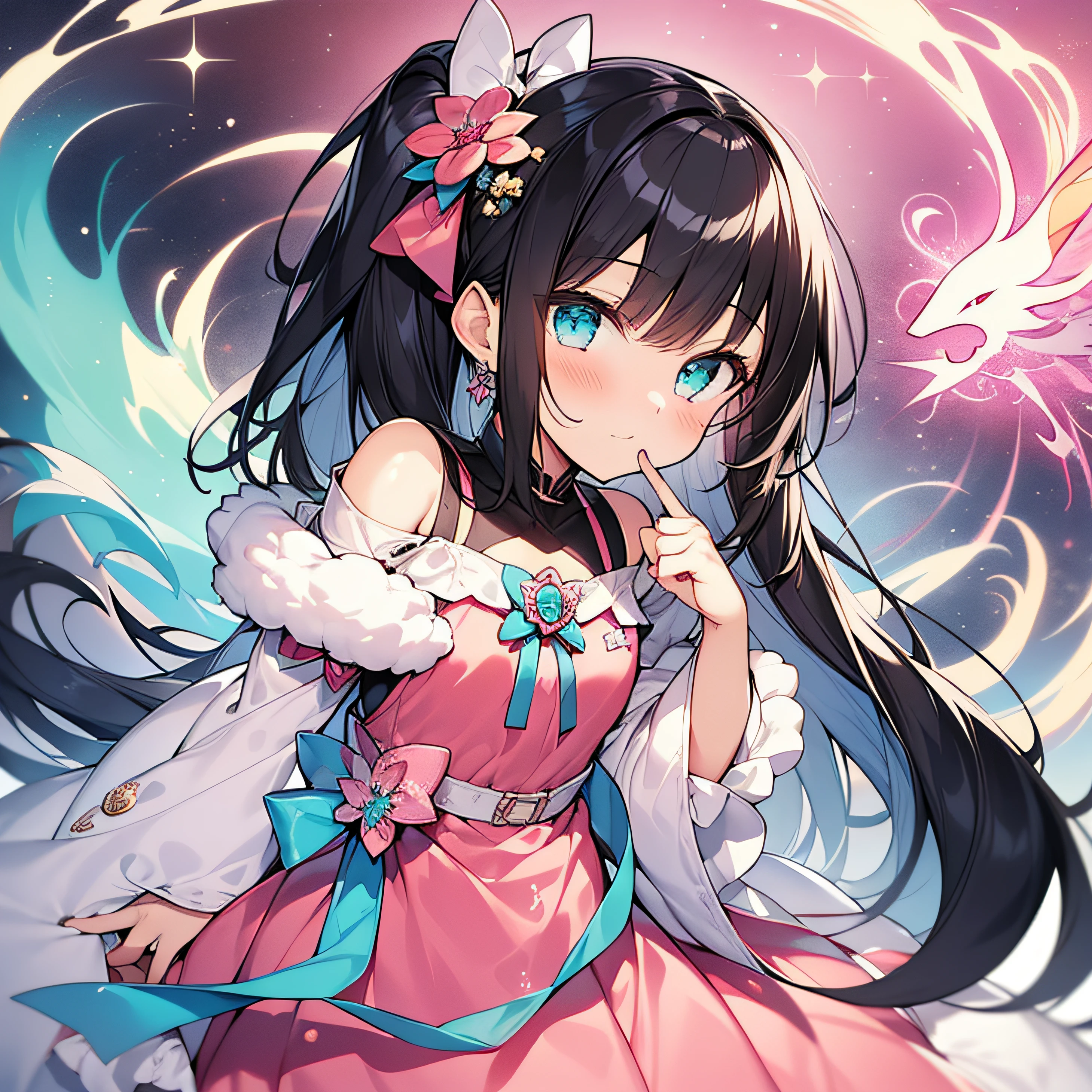Standing picture, closeup portrait of a girl with long black hair in a baby pink dress, magical girl portrait, anime visual of a cute girl, loli in a dress, atliel lua, shirabii, madoka kaname, small curvaceous loli, marin kitagawa fan art, splash art anime loli, black ponytail hair and cyan eyes, dream illustration, fluffy girl, big picture