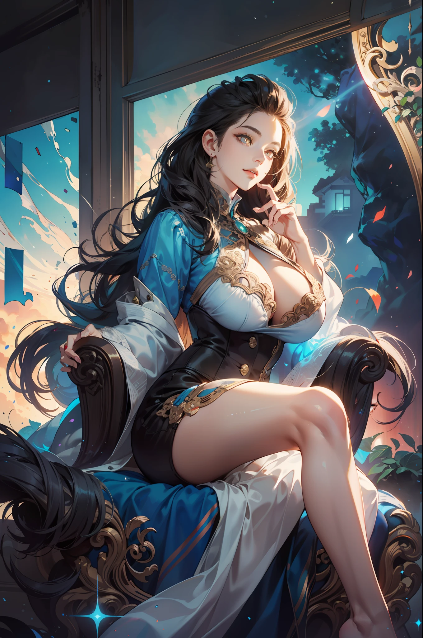 A beautiful girl, 22 years old, sexy theme, perfect face shape, oversize model, mature woman, tall long legs, (((super huge breasts))), (((glazed pupils))), magical feeling, flight attendant style, flight attendant style clothing, long messy hair, happy, full body, hand details, finger details, beautiful anime Huaifu style girl, super detailed painting, luminescism, art concept art by Kahn Griffith and Vadim Kashin, ethereal A beautiful maiden sitting in cabin background, abstract beauty, standing, close to perfection, pure form, golden ratio, concept art, by Brian Froud, Carne Griffiths, Wadim Kashin and John William Waterhouse, intricate detail, 16k post-production, high resolution, hyperdetail, Artstation trend, sharp focus, studio photos, intricate detail, high detail,
