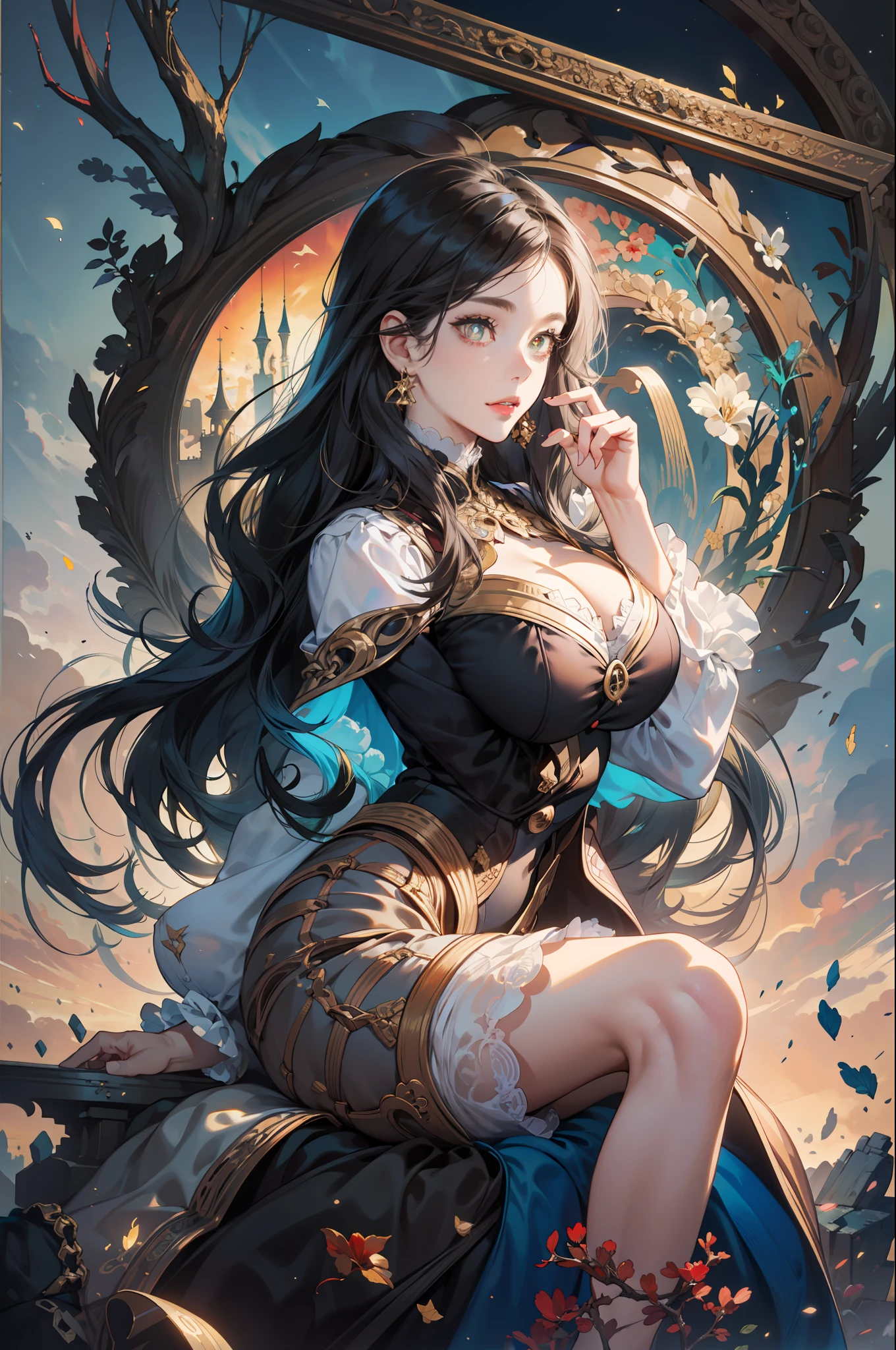 A beautiful girl, 22 years old, sexy theme, perfect face shape, oversize model, mature woman, tall long legs, (((super huge breasts))), (((glazed pupils))), magical feeling, flight attendant style, flight attendant style clothing, long messy hair, happy, full body, hand details, finger details, beautiful anime Huaifu style girl, super detailed painting, luminescism, art concept art by Kahn Griffith and Vadim Kashin, ethereal A beautiful maiden sitting in cabin background, abstract beauty, standing, close to perfection, pure form, golden ratio, concept art, by Brian Froud, Carne Griffiths, Wadim Kashin and John William Waterhouse, intricate detail, 16k post-production, high resolution, hyperdetail, Artstation trend, sharp focus, studio photos, intricate detail, high detail,