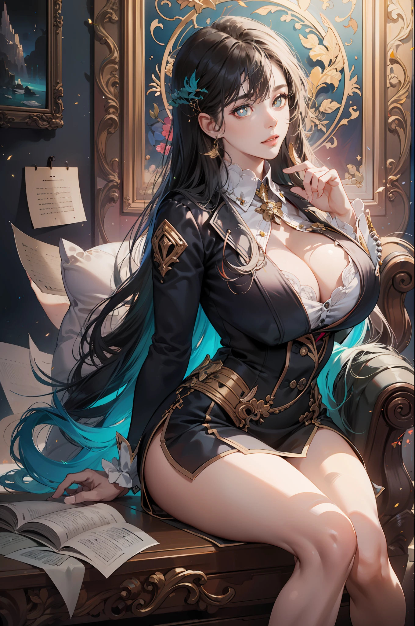 A beautiful girl, 22 years old, sexy theme, perfect face shape, oversize model, mature woman, tall long legs, (((super huge breasts))), (((glazed pupils))), magical feeling, flight attendant style, flight attendant style clothing, long messy hair, happy, full body, hand details, finger details, beautiful anime Huaifu style girl, super detailed painting, luminescism, art concept art by Kahn Griffith and Vadim Kashin, ethereal A beautiful maiden sitting in cabin background, abstract beauty, standing, close to perfection, pure form, golden ratio, concept art, by Brian Froud, Carne Griffiths, Wadim Kashin and John William Waterhouse, intricate detail, 16k post-production, high resolution, hyperdetail, Artstation trend, sharp focus, studio photos, intricate detail, high detail,