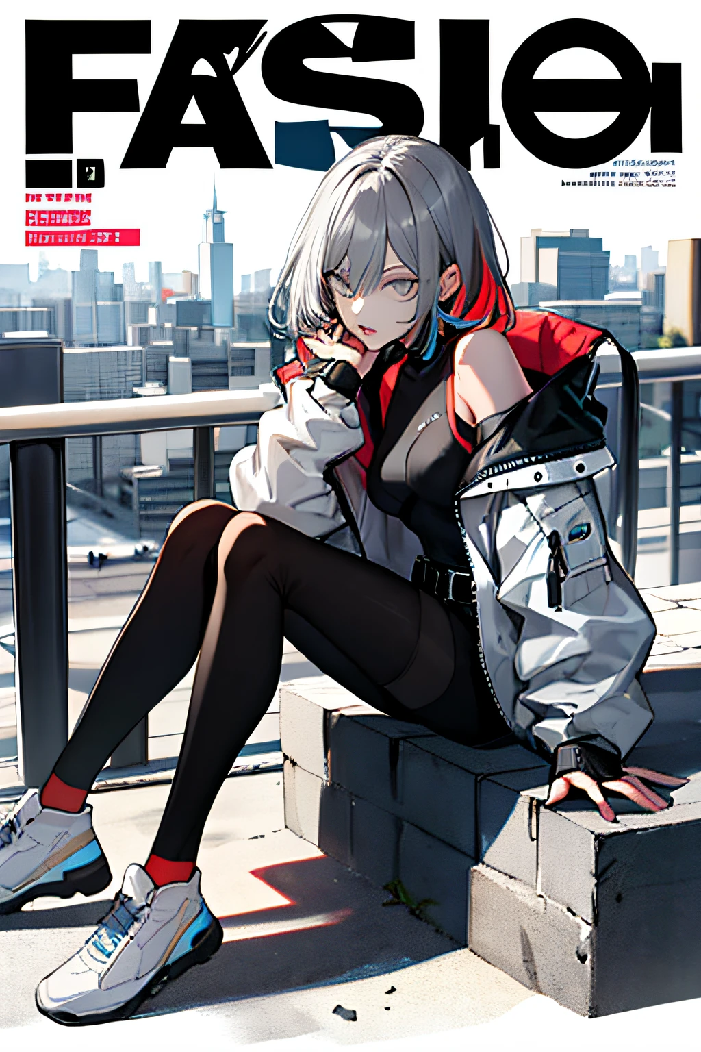 (magazine cover:1.3), (original: 1.2), masterpiece, best quality, beautiful clean face, (full body:1.1), lucy \(cyberpunk\), 1girl, against railing, arm rest, bangs, bare shoulders, belt, black belt, black leotard, black pants, blurry, bob cut, breasts, building, cityscape, clothing cutout, cropped jacket, cyberpunk, depth of field, from side, gradient eyes, grey eyes, grey hair, jacket, leotard, lips, long sleeves, mechanical parts, medium breasts, multicolored eyes, multicolored hair, night, night sky, off shoulder, open clothes, open jacket, outdoors, pants, parted lips, railing, red eyeliner, science fiction, short hair with long locks, short shorts, shorts, sidelocks, sky, solo, standing, thigh cutout, white jacket, white shorts,