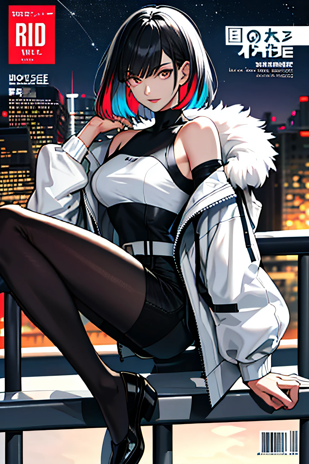 (magazine cover:1.3), (original: 1.2), masterpiece, best quality, beautiful clean face, (full body:1.1), lucy \(cyberpunk\), 1girl, against railing, arm rest, bangs, bare shoulders, belt, black belt, black leotard, black pants, blurry, bob cut, breasts, building, cityscape, clothing cutout, cropped jacket, cyberpunk, depth of field, from side, gradient eyes, grey eyes, grey hair, jacket, leotard, lips, long sleeves, mechanical parts, medium breasts, multicolored eyes, multicolored hair, night, night sky, off shoulder, open clothes, open jacket, outdoors, pants, parted lips, railing, red eyeliner, science fiction, short hair with long locks, short shorts, shorts, sidelocks, sky, solo, standing, thigh cutout, white jacket, white shorts,