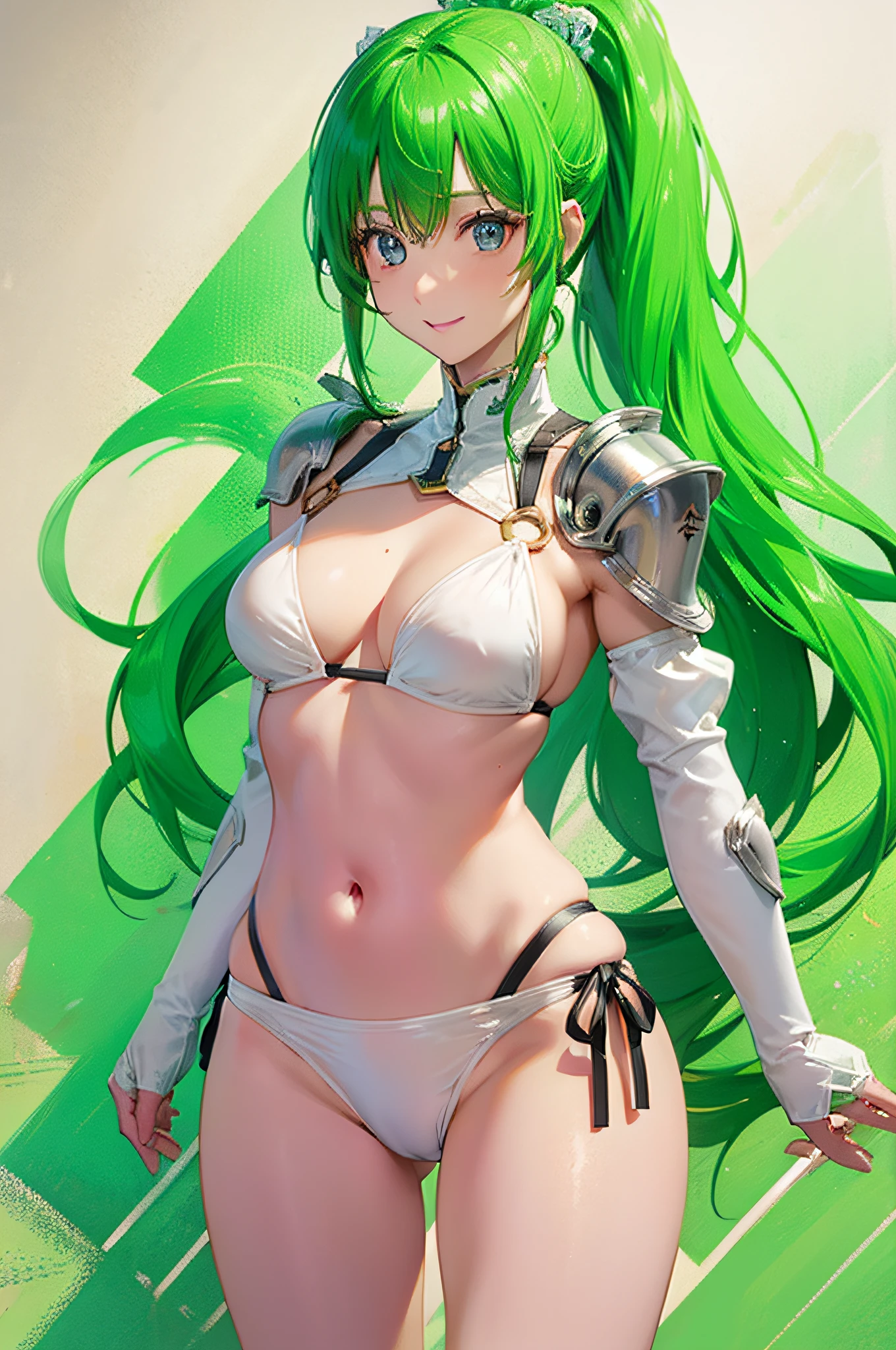 Kasumi Yoshizawa, Yoko Asagiri, Bikini Armor, Full Length Image, High Quality, Ponytail, Small Breasts, Bangs, Smooth Thighs, Patsun, Top Quality, Ultra High Definition, Fine Eyes, Slender Legs, Fine Beautiful Eyes, 8K, White Bikini, Protruding Buttocks, Green Hair