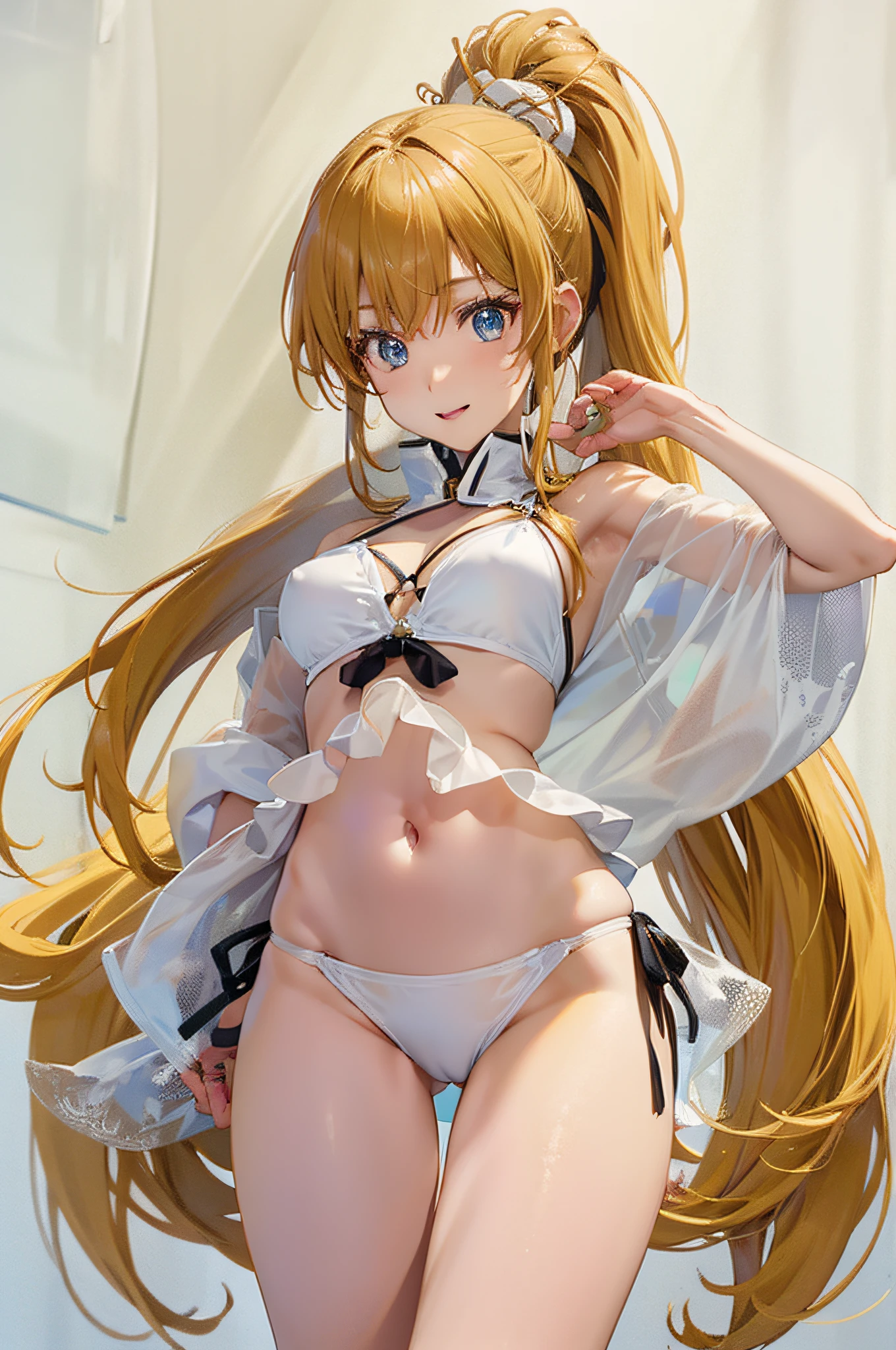 Kasumi Yoshizawa, Yoko Asagiri, Bikini Armor, Full Length Image, High Image Quality, Ponytail, Small Breasts, Bangs, Smooth Thighs, Patsun, Top Quality, Ultra High Definition, Fine Eyes, Slender Legs, Fine Beautiful Eyes, 8K, White Bikini, Protruding Ass, Blonde