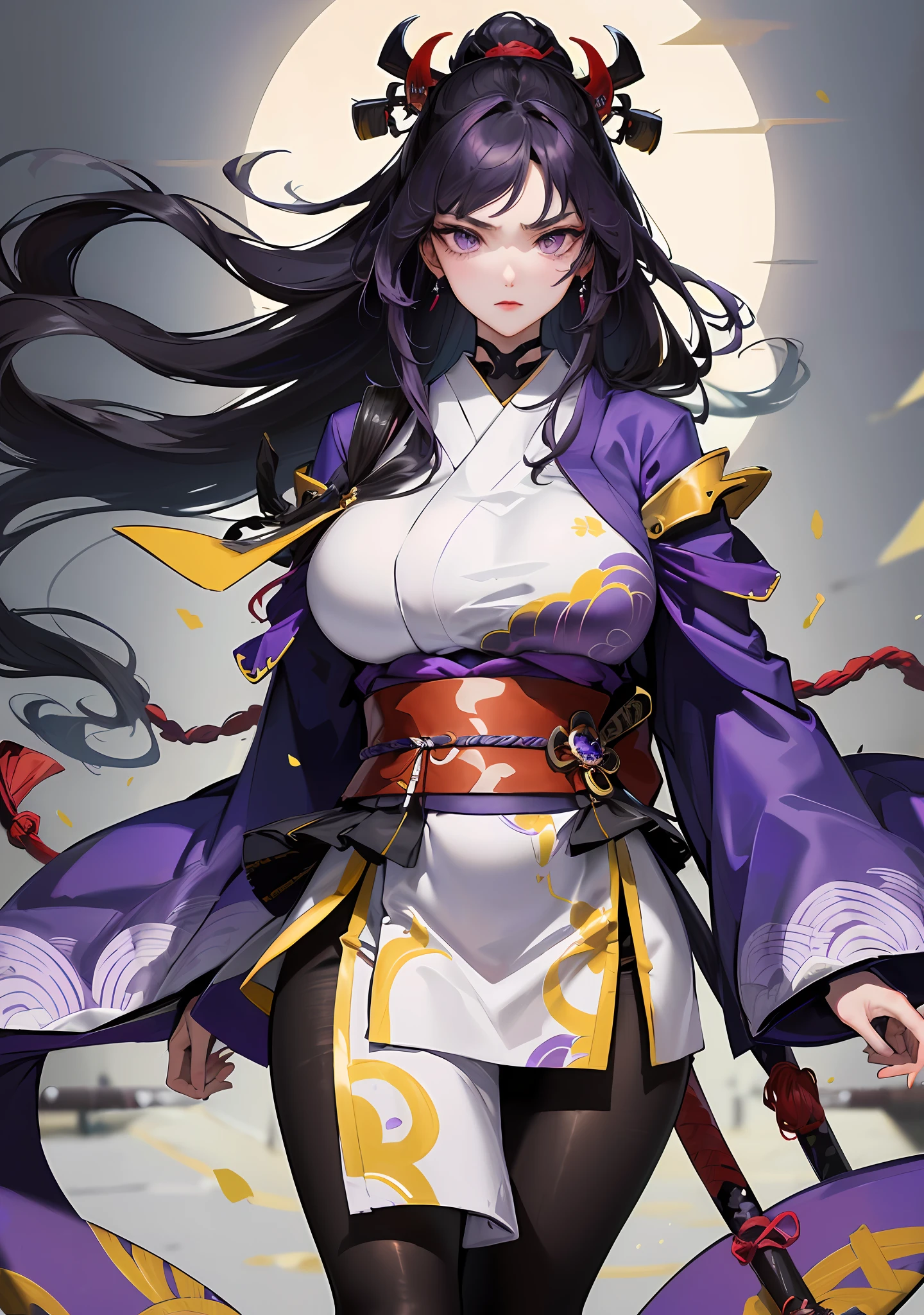 Minamoto Yorimitsu, Japanese Heian period warrior general, lord of the four heavenly kings, head of the Genji family, Japanese general, demon hunter, demon killer, samurai, god's bloodline, demon retreat hero, background in rain, human wife, (loving mother), super plump flesh, (gorgeous Japanese samurai armor), ((lilac tights)), cold expression, serious personality, loyal integrity, soft snow-white skin, gentle, dignified and beautiful, plump thighs, slender waist, ((super huge breasts)), (purple long hair), ( purple eyes), (purple Japanese cape),, Japanese style jewelry, purple thunderbolt, perfect flesh full of texture, captivating visual enjoyment, ((best quality: 1.4)), (epic lighting), ((masterpiece: 1.4)), maximum clarity, (super detailed face), clear texture, ultra HD detail display, excellent image performance, high-quality illustrations, perfectly fit harmonious tones, deep lines, precise brush strokes, wonderful color scheme, intricate details